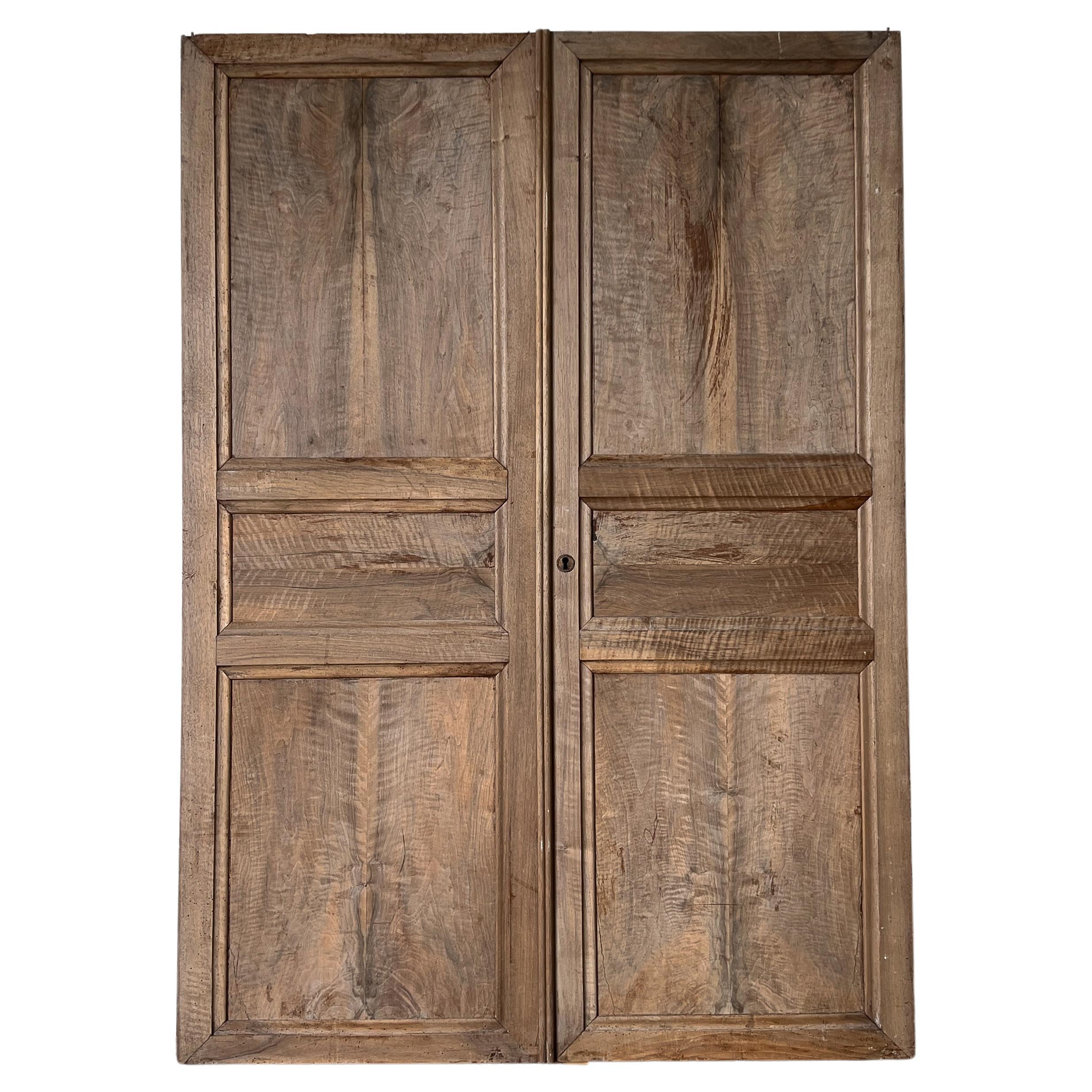 Pair of 19th Century 3 Panel Natural Walnut French Wardrobe Doors For Sale