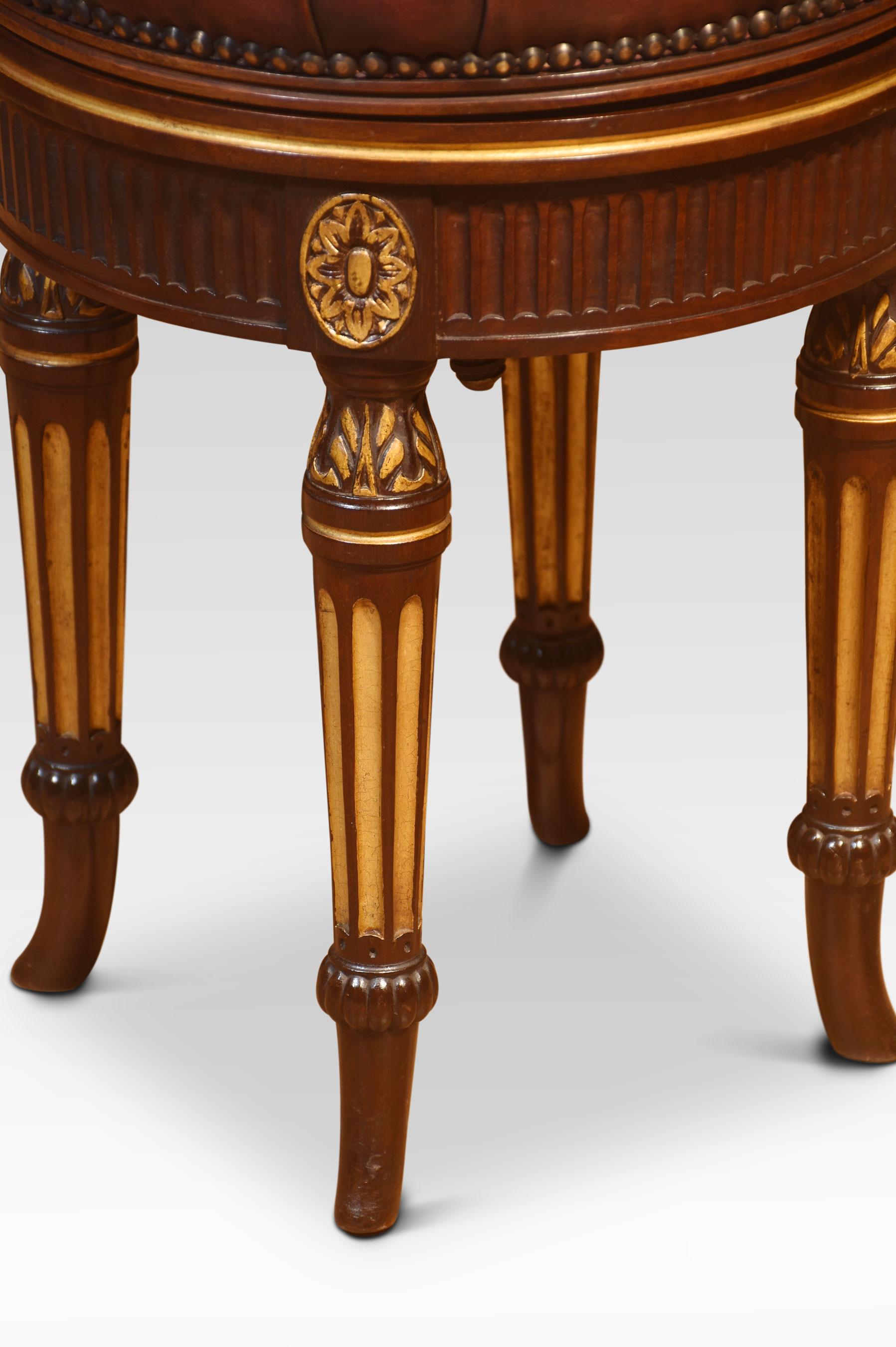 Pair of 19th-century adjustable stools, the circular leather deep buttoned seats. Above turned central column, all raised up on four turned tapered reeded and gilded legs terminating in splayed feet.
Dimensions
Height 21 Inches adjustable to 22.5