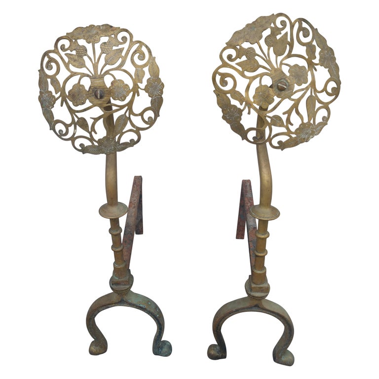 Pair of 19th Century Aesthetic Brass Andirons