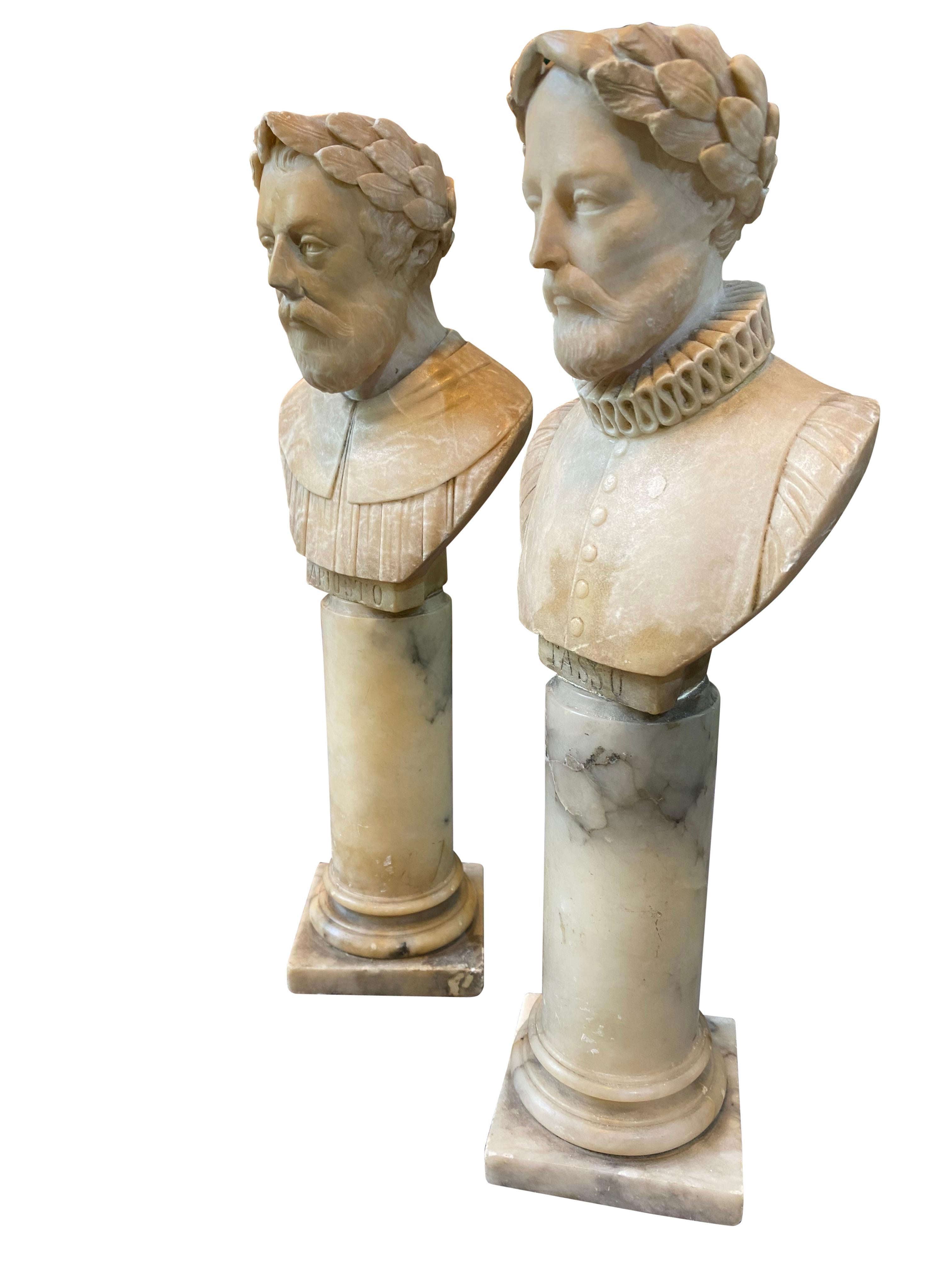 Pair of 19th Century Alabaster Hand Carved Busts of Ariosto and Tasso 4