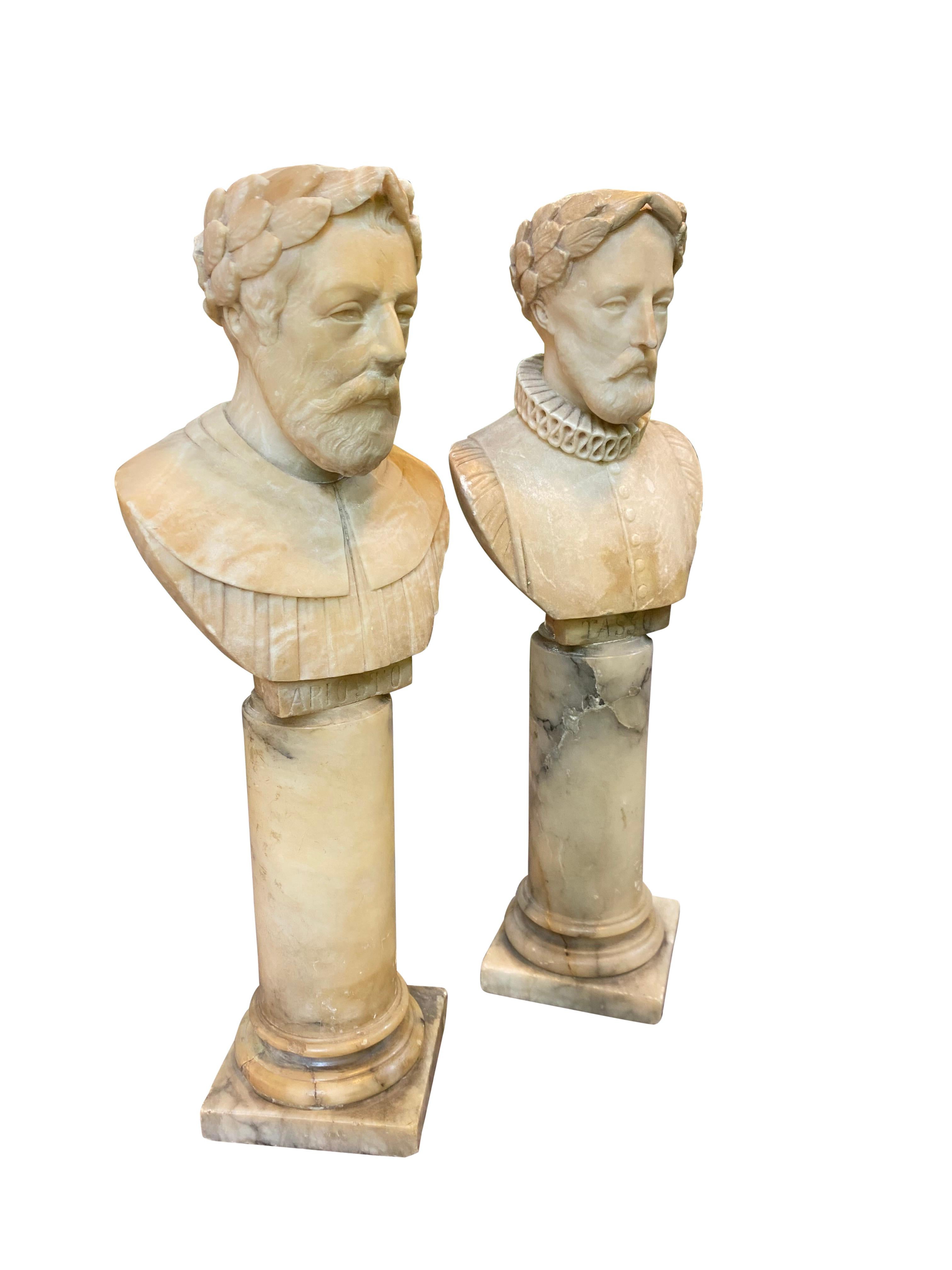 A stunning pair of 19th century alabaster hand carved busts of Ariosto and Tasso on alabaster columns, circa 1810.

Ludovico Ariosto (8th September 1474 – 6 July 1533) was an Italian poet. He is best known as the author of the romance epic Orlando
