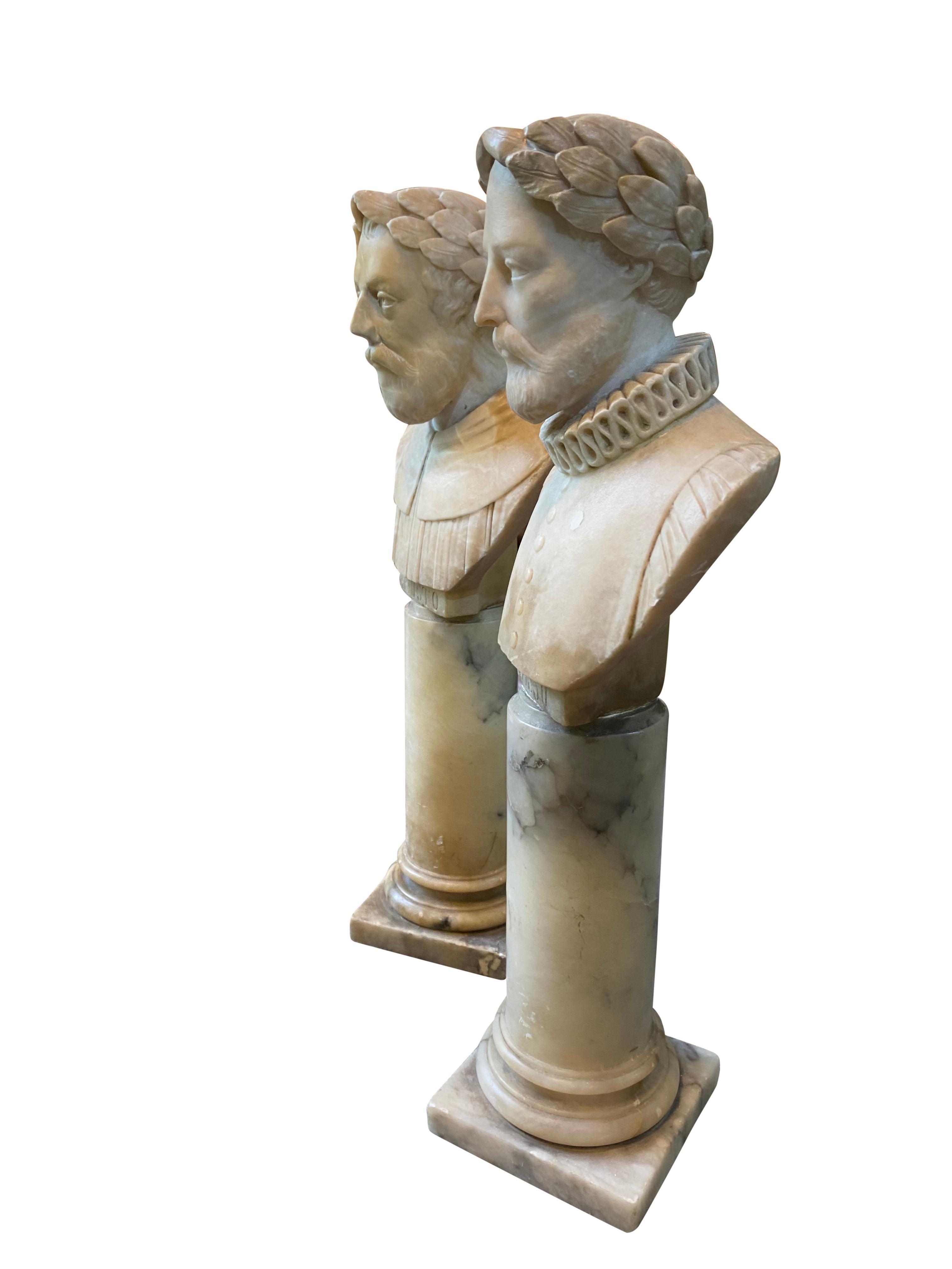 Regency Pair of 19th Century Alabaster Hand Carved Busts of Ariosto and Tasso
