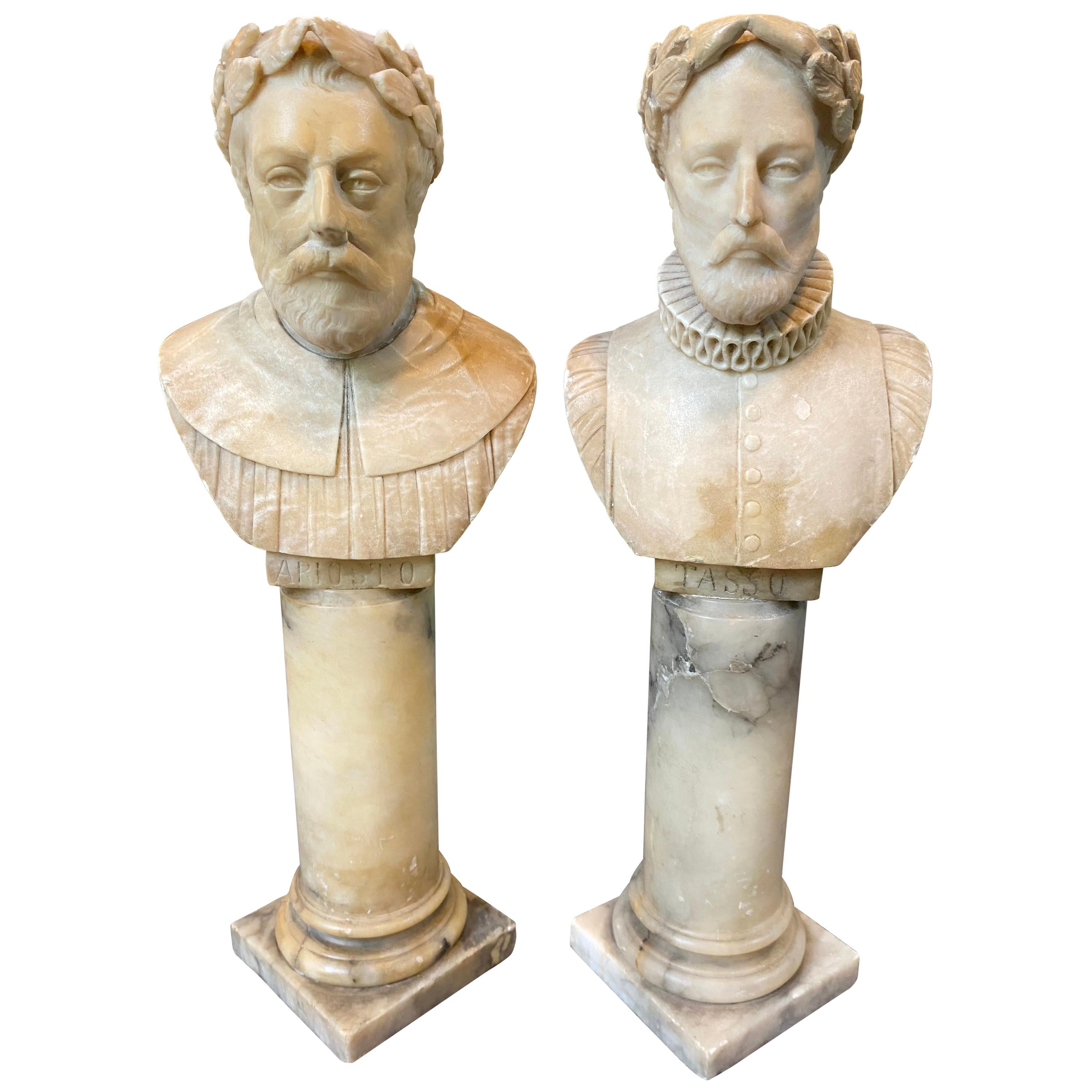 Pair of 19th Century Alabaster Hand Carved Busts of Ariosto and Tasso