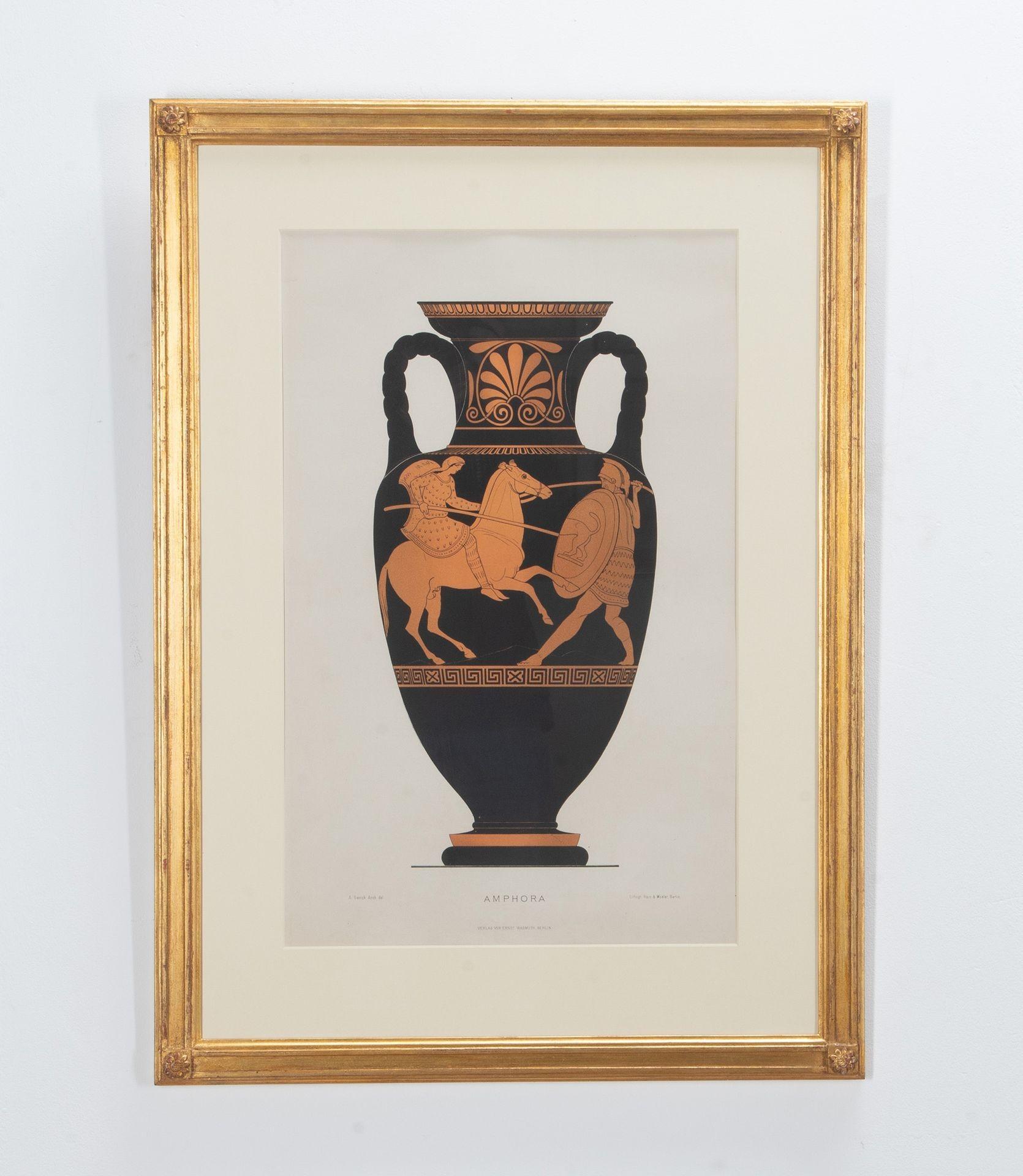 Impressionnante paire de chromolithographies en couleurs d'un format in-folio exceptionnel, tirées de l'ouvrage Griechische Keramik d'Albert Generic. Dans de beaux cadres dorés flatteurs avec des détails d'angle inhabituels. 

Griechische Keramik