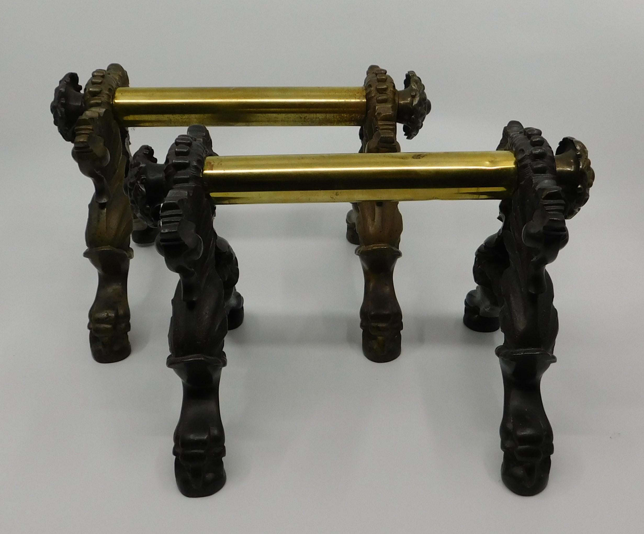 Pair of 19th Century American Brass and Bronze Fireplace Tool Rests In Good Condition In Hamilton, Ontario