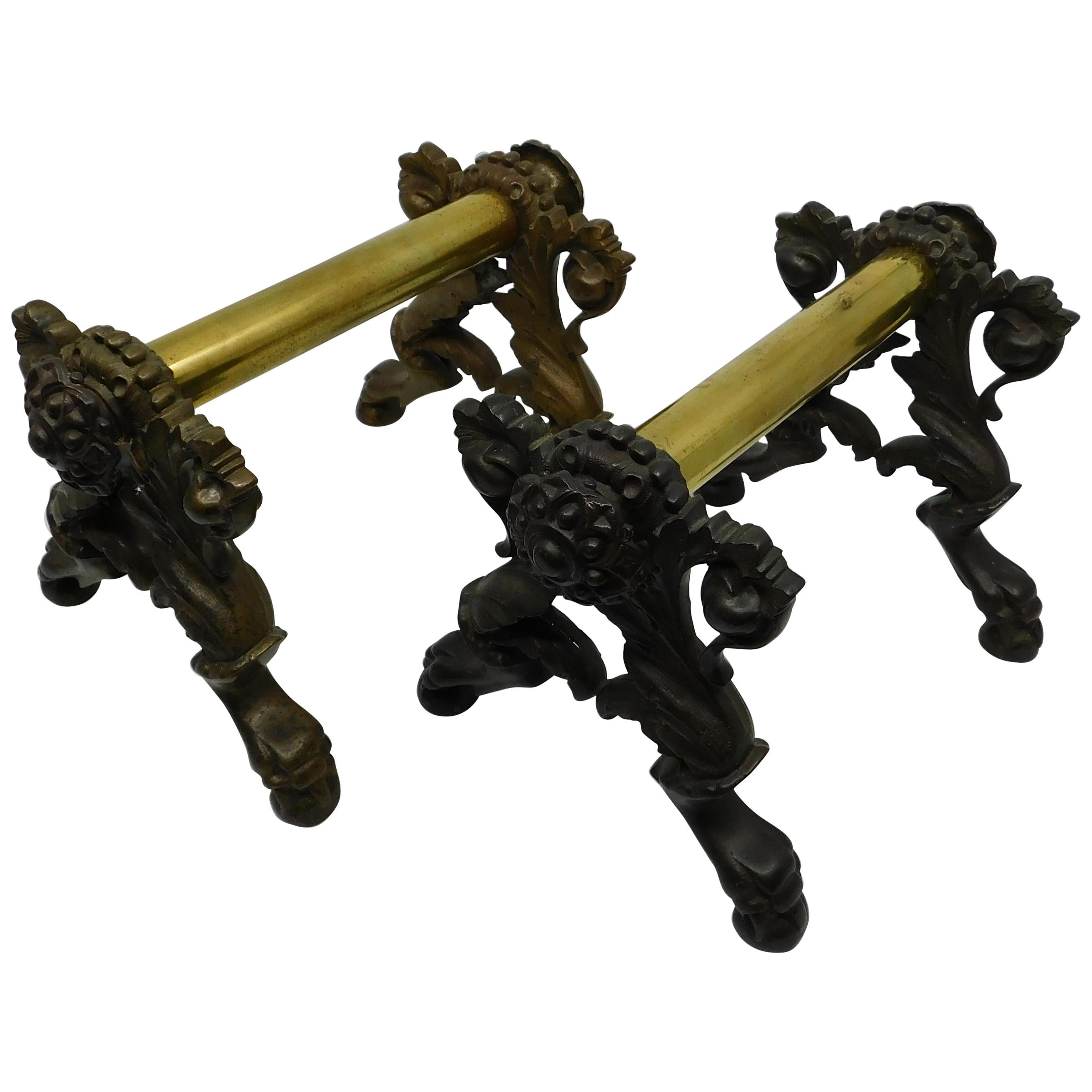 Pair of 19th Century American Brass and Bronze Fireplace Tool Rests