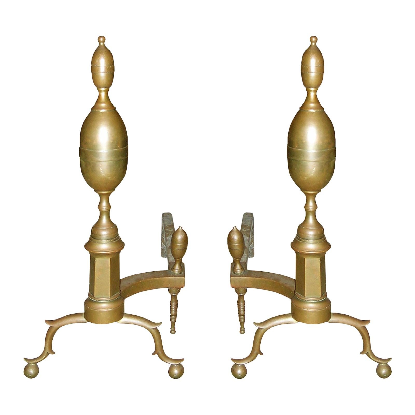 Pair of 19th Century American Brass Andirons, Double Lemon Finial, Trunk
