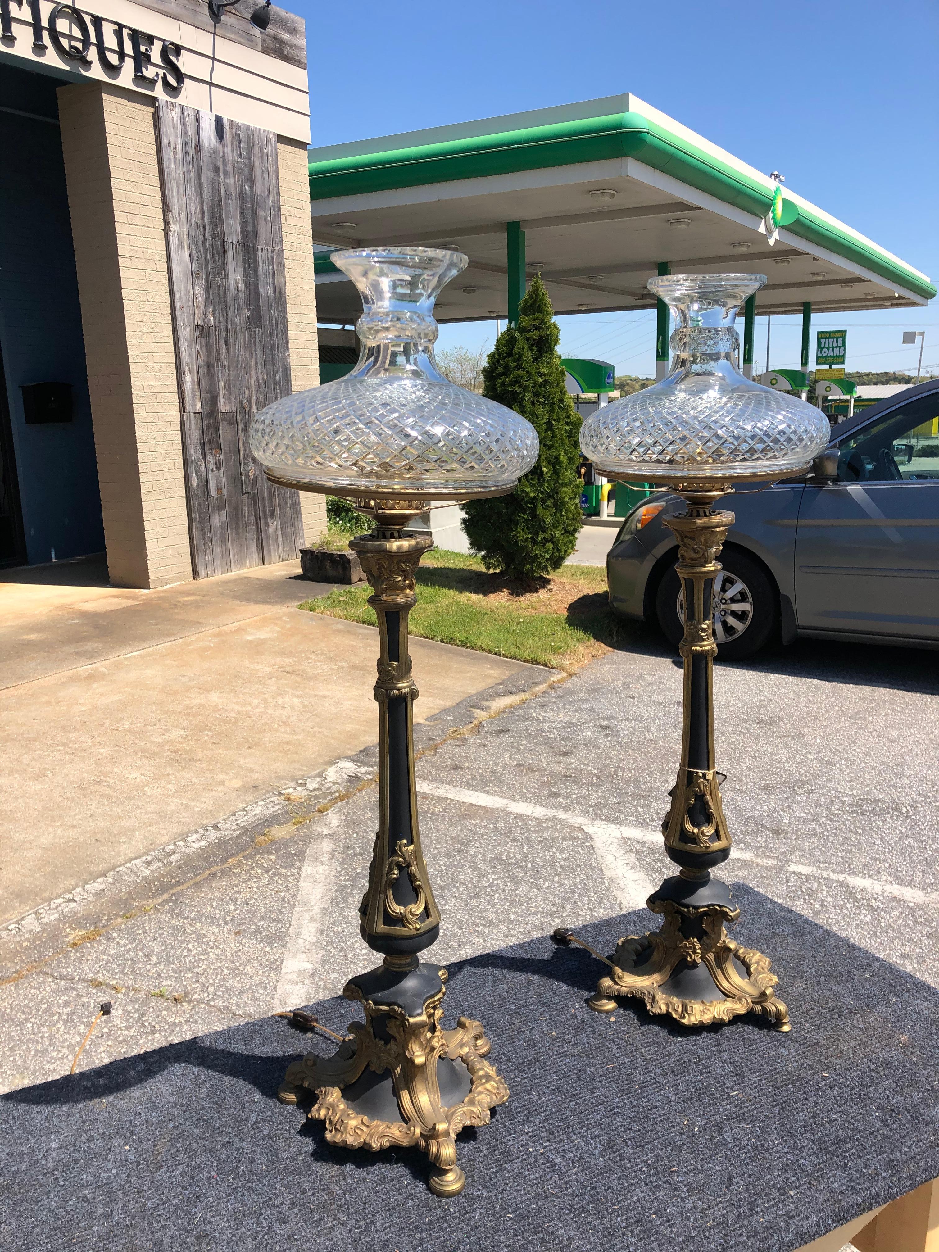 Great pair of 19th century American bronze astral lamps with cut glass shades, now wired for electricity.