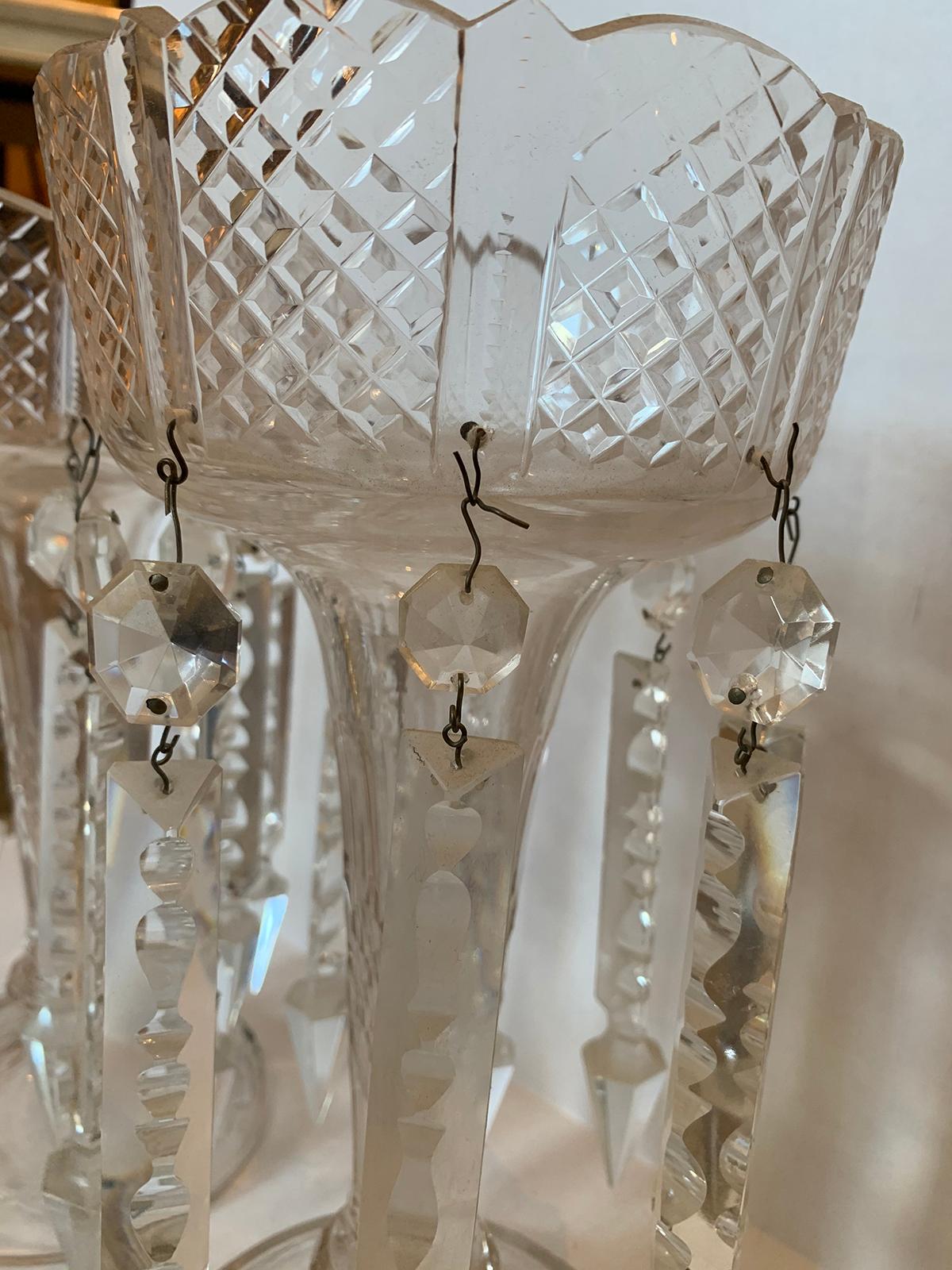Pair of 19th Century American Clear Cut Crystal Mantel Lusters with Prisms 9