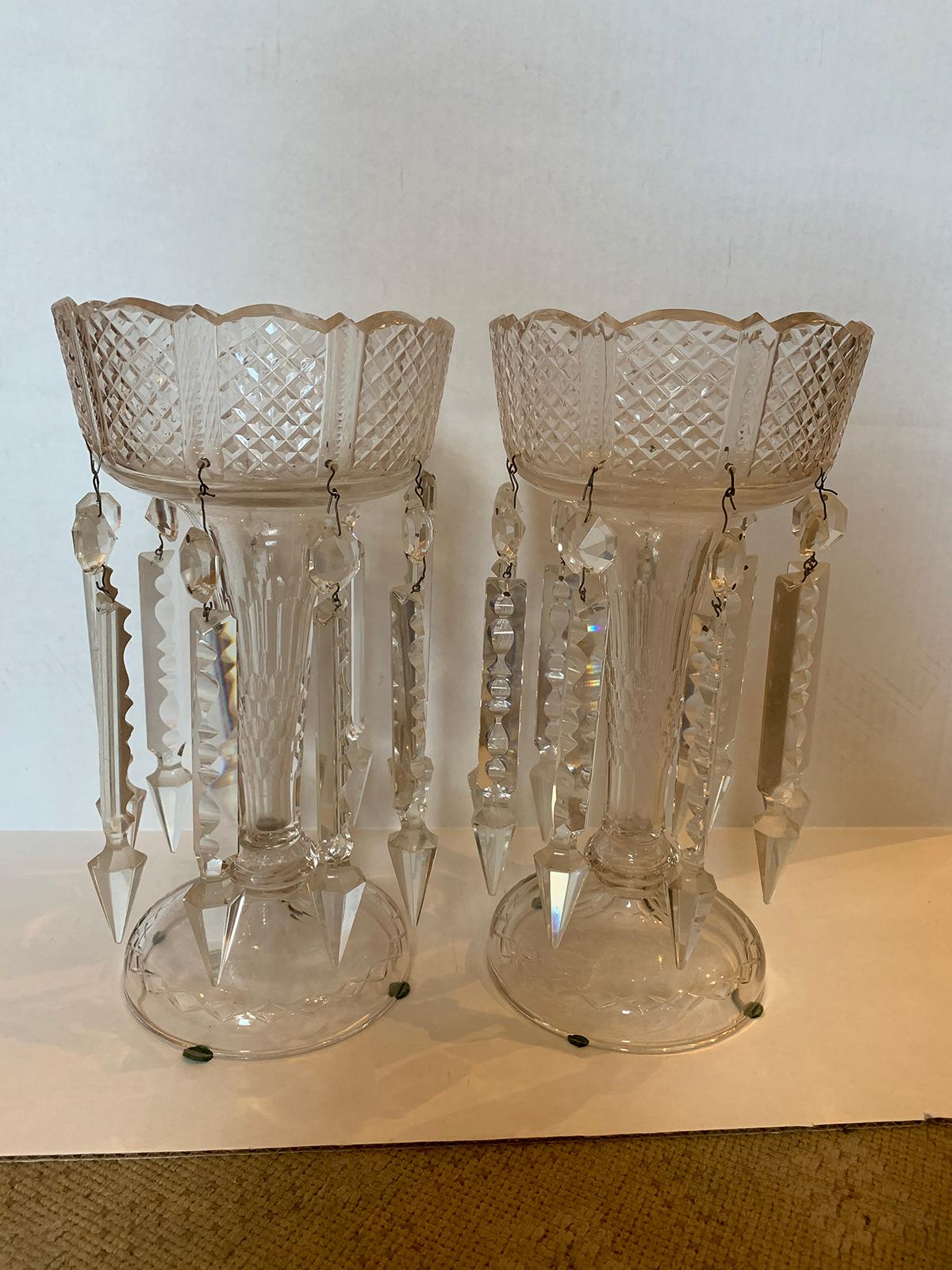 Pair of 19th century American clear cut crystal mantel lusters with prisms.