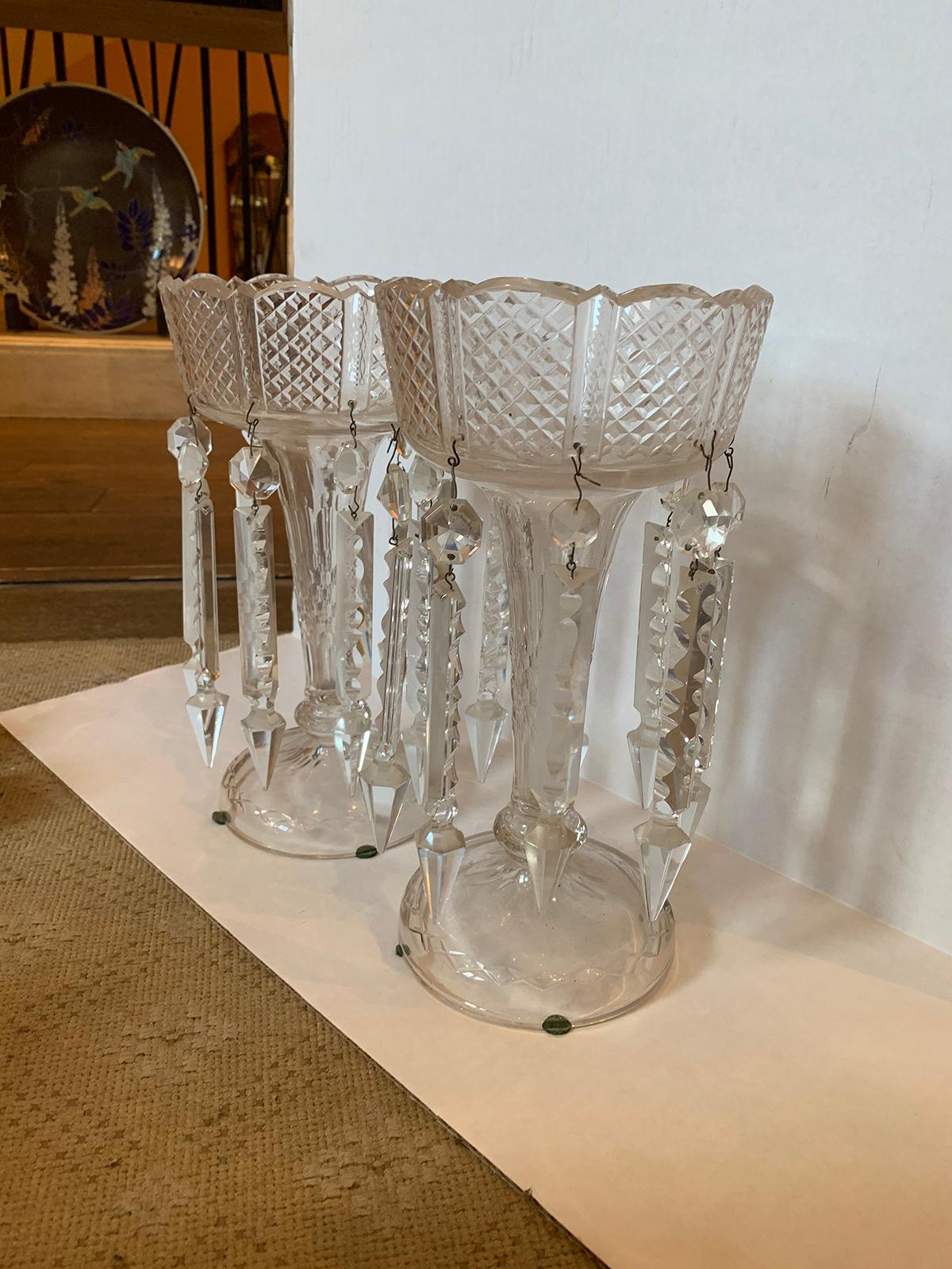 Pair of 19th Century American Clear Cut Crystal Mantel Lusters with Prisms 1