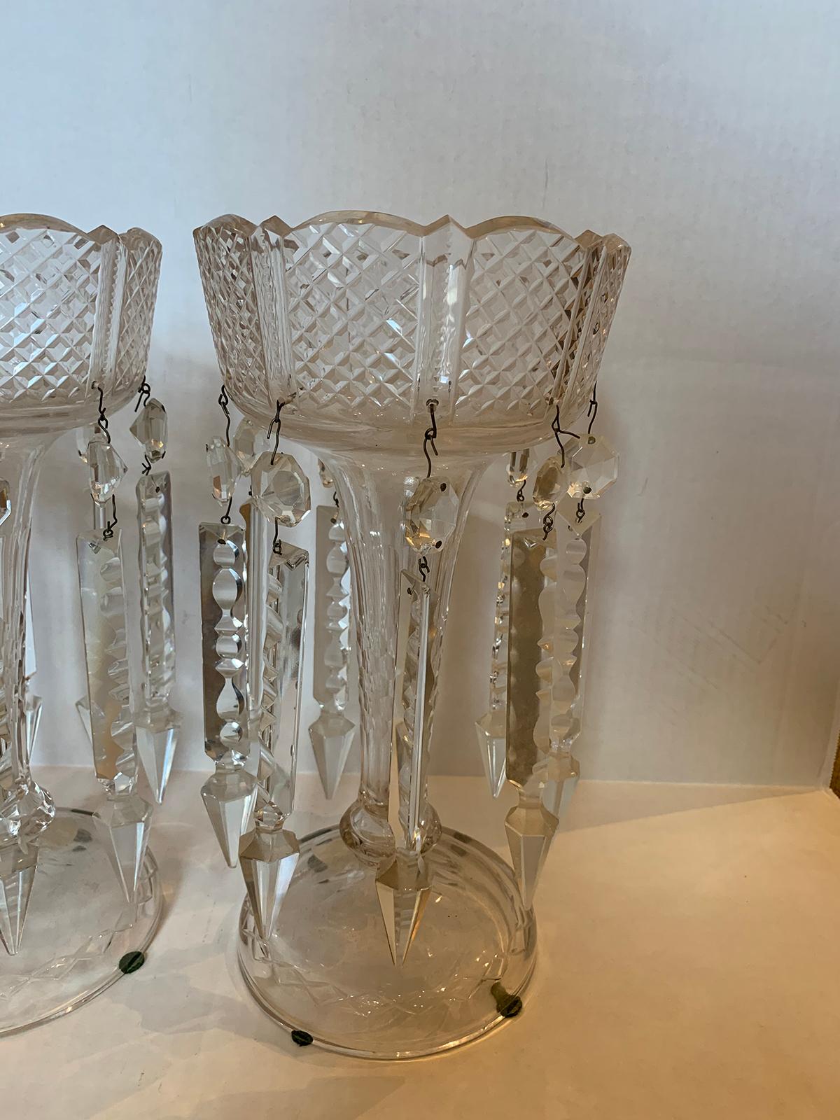 Pair of 19th Century American Clear Cut Crystal Mantel Lusters with Prisms 2