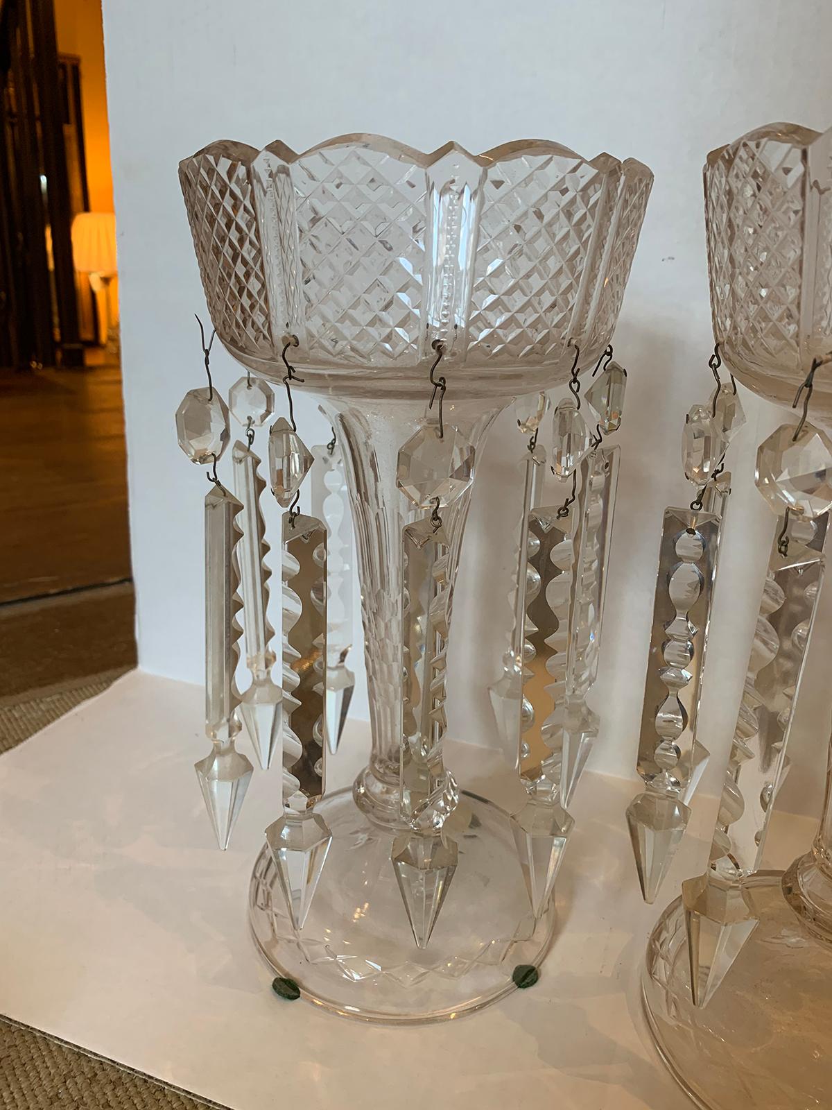 Pair of 19th Century American Clear Cut Crystal Mantel Lusters with Prisms 3