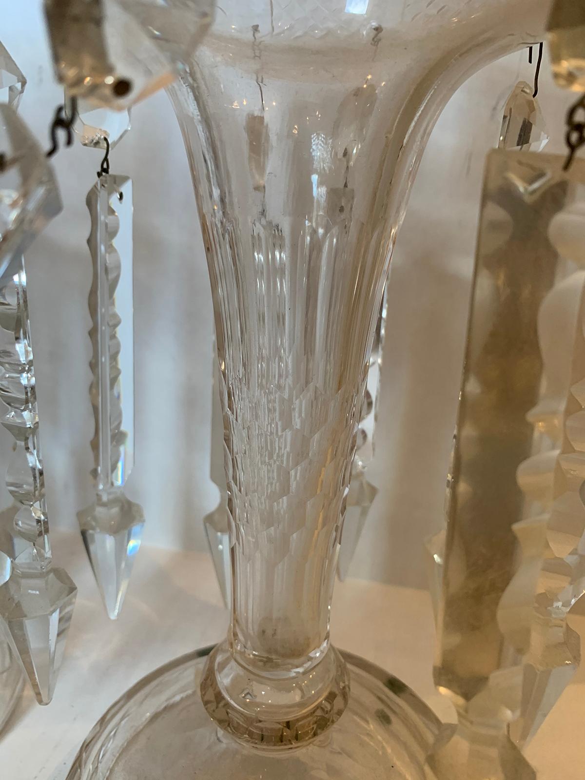 Pair of 19th Century American Clear Cut Crystal Mantel Lusters with Prisms 5