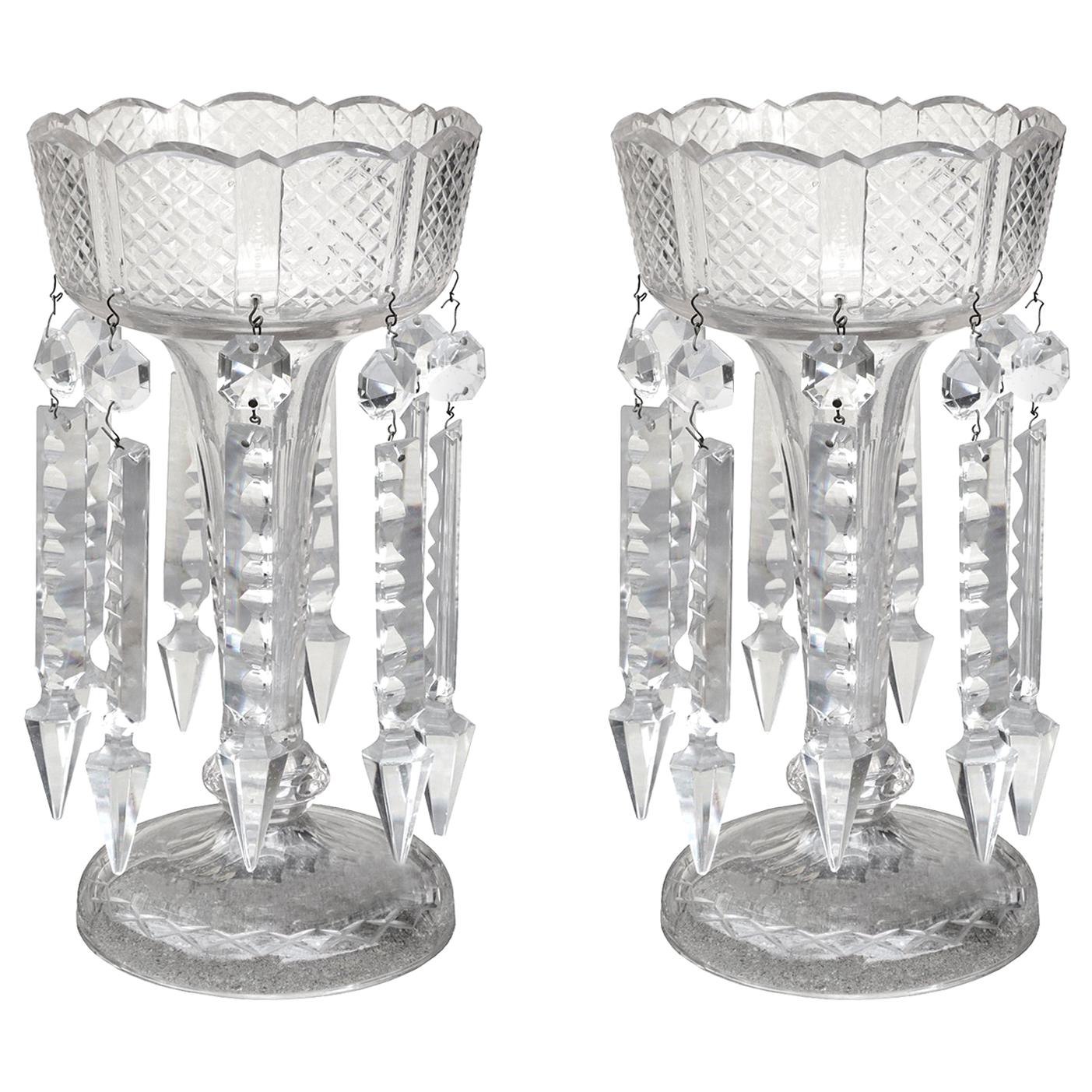 Pair of 19th Century American Clear Cut Crystal Mantel Lusters with Prisms