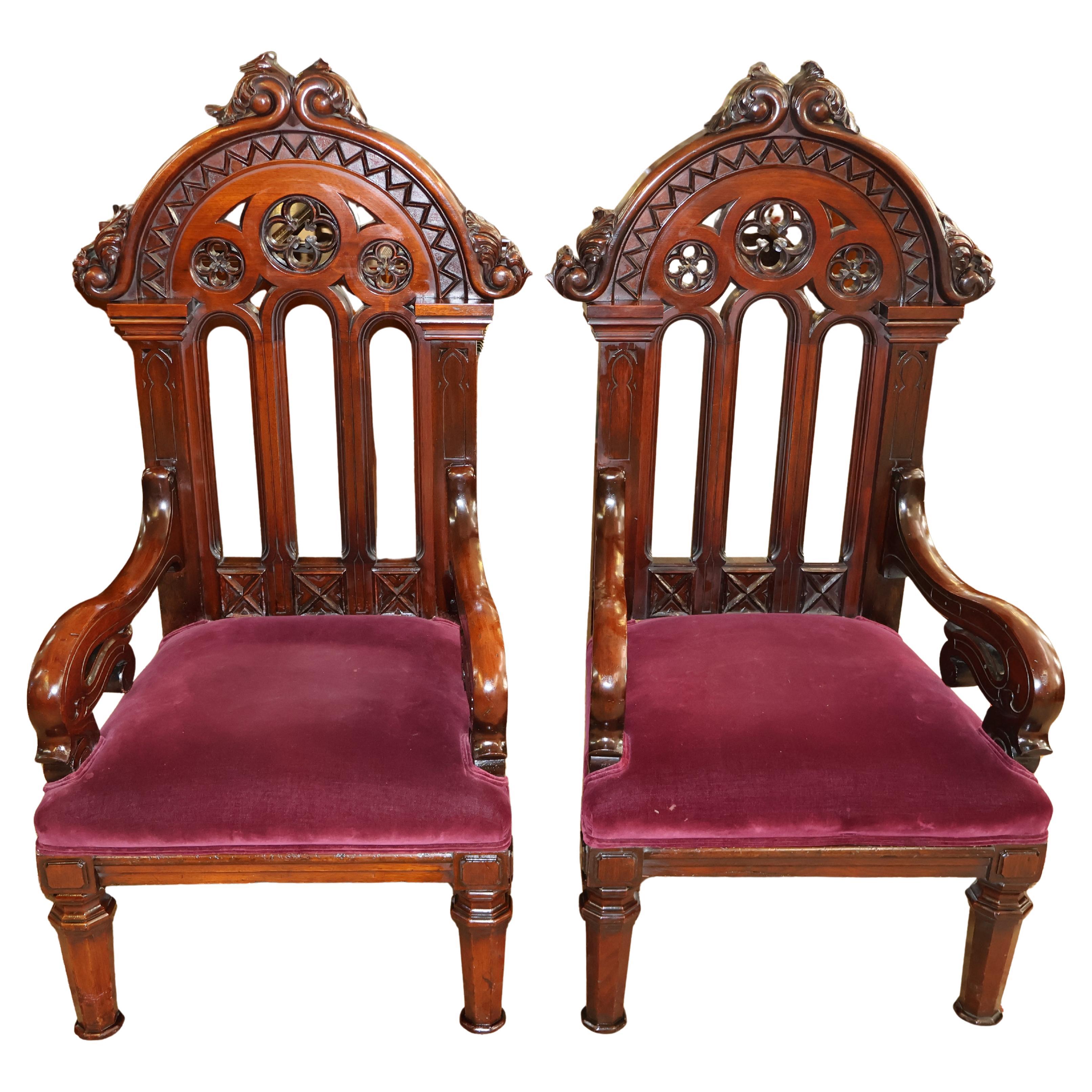 Pair of 19th Century American Gothic Mahogany Arm Chairs