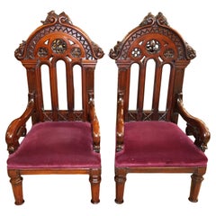 Antique Pair of 19th Century American Gothic Mahogany Arm Chairs