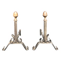 Pair of 19th Century American Iron and Brass Andirons with Acorn Finials