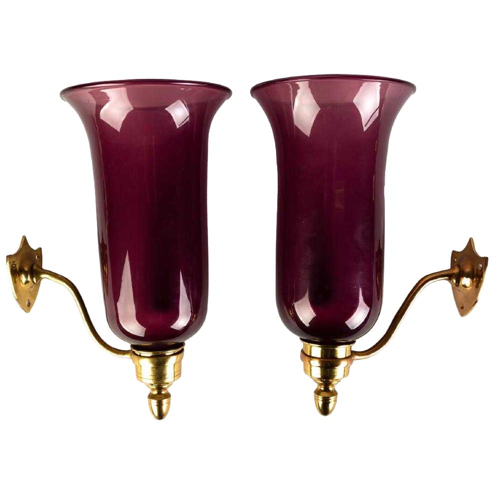 Pair of 19th Century Amethyst Colored Glass Hurricane Wall Sconces