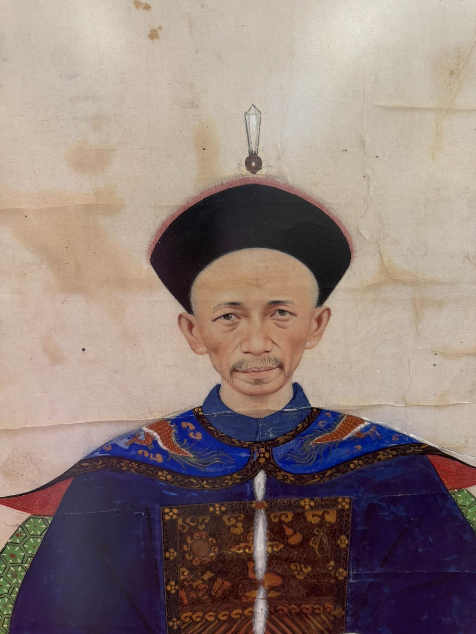Chinois Paire de portraits d'ancêtres du roi et de la reine datant du 19e siècle en vente