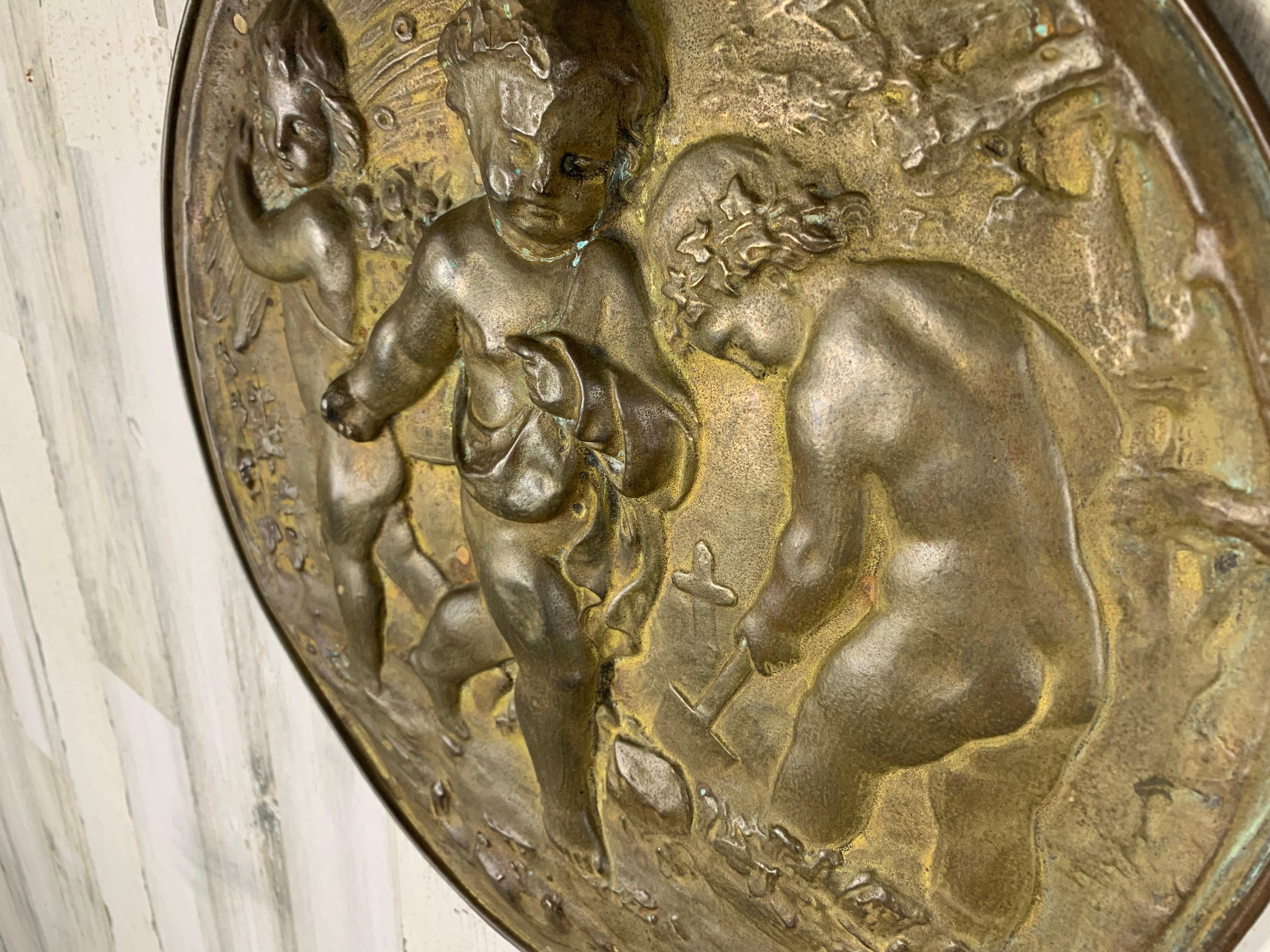 Pair of 19th Century Angels at Work Brass Repousse Decorative Rounds For Sale 4
