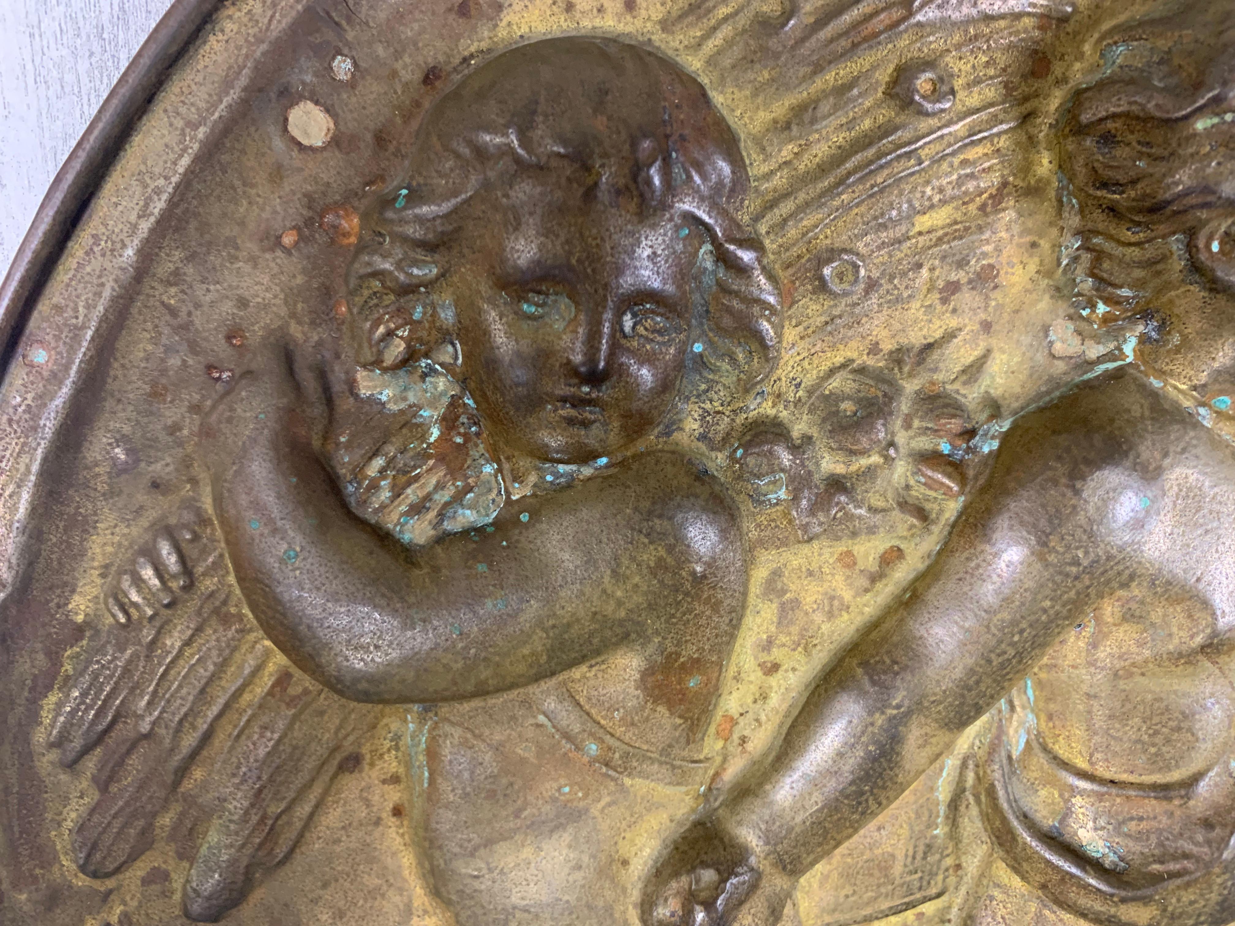 Pair of 19th Century Angels at Work Brass Repousse Decorative Rounds For Sale 6