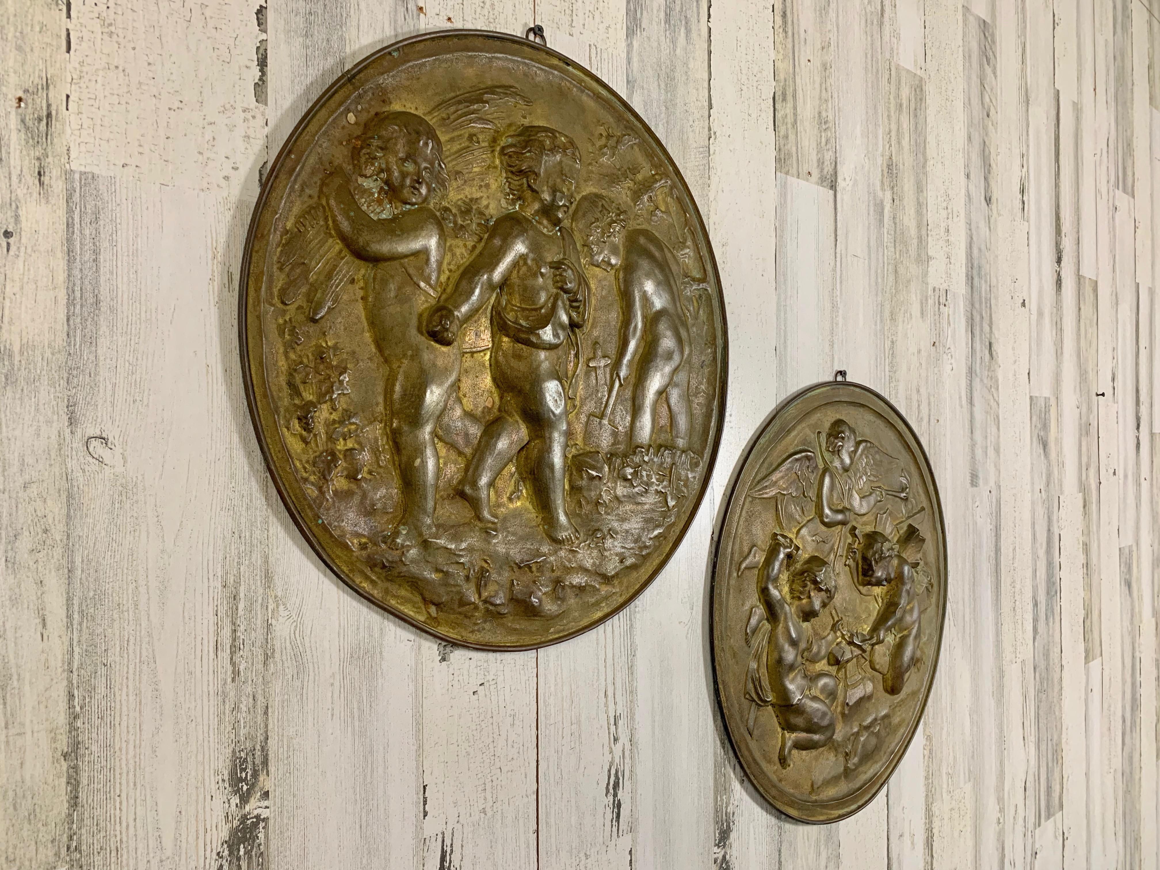 Pair of 19th Century Angels at Work Brass Repousse Decorative Rounds For Sale 8