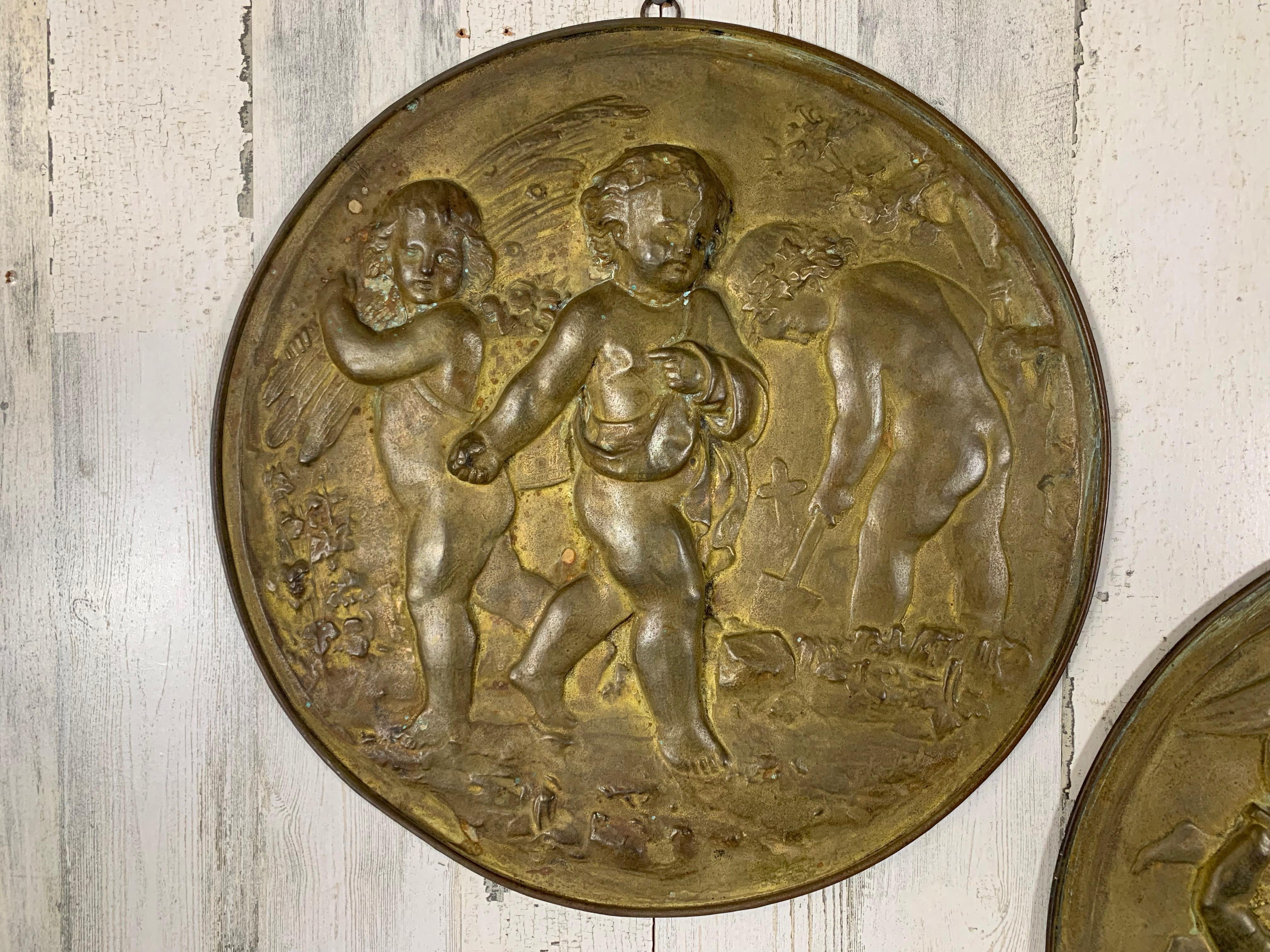 Pair of 19th Century Angels at Work Brass Repousse Decorative Rounds For Sale 9