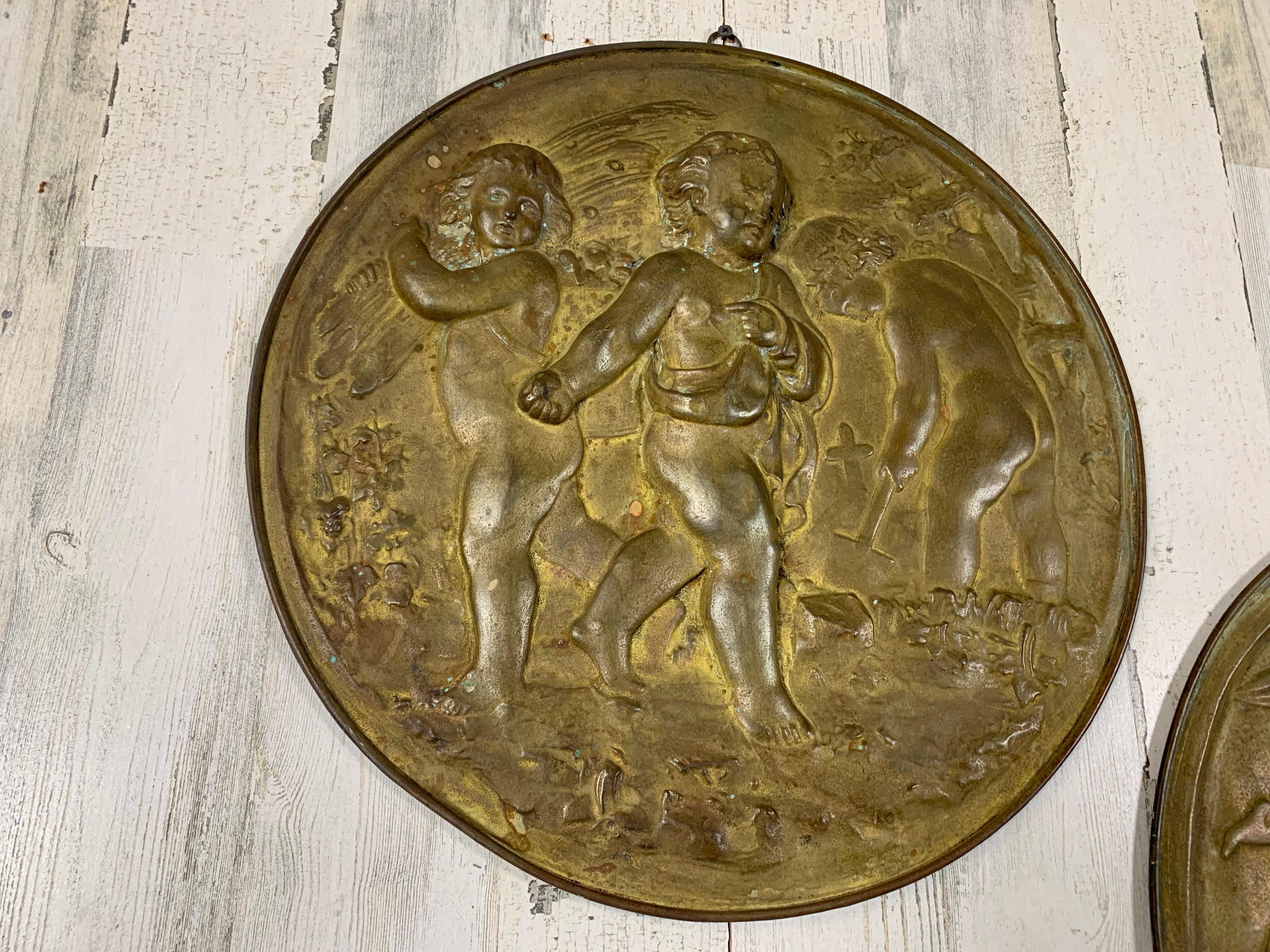 Pair of 19th Century Angels at Work Brass Repousse Decorative Rounds For Sale 10