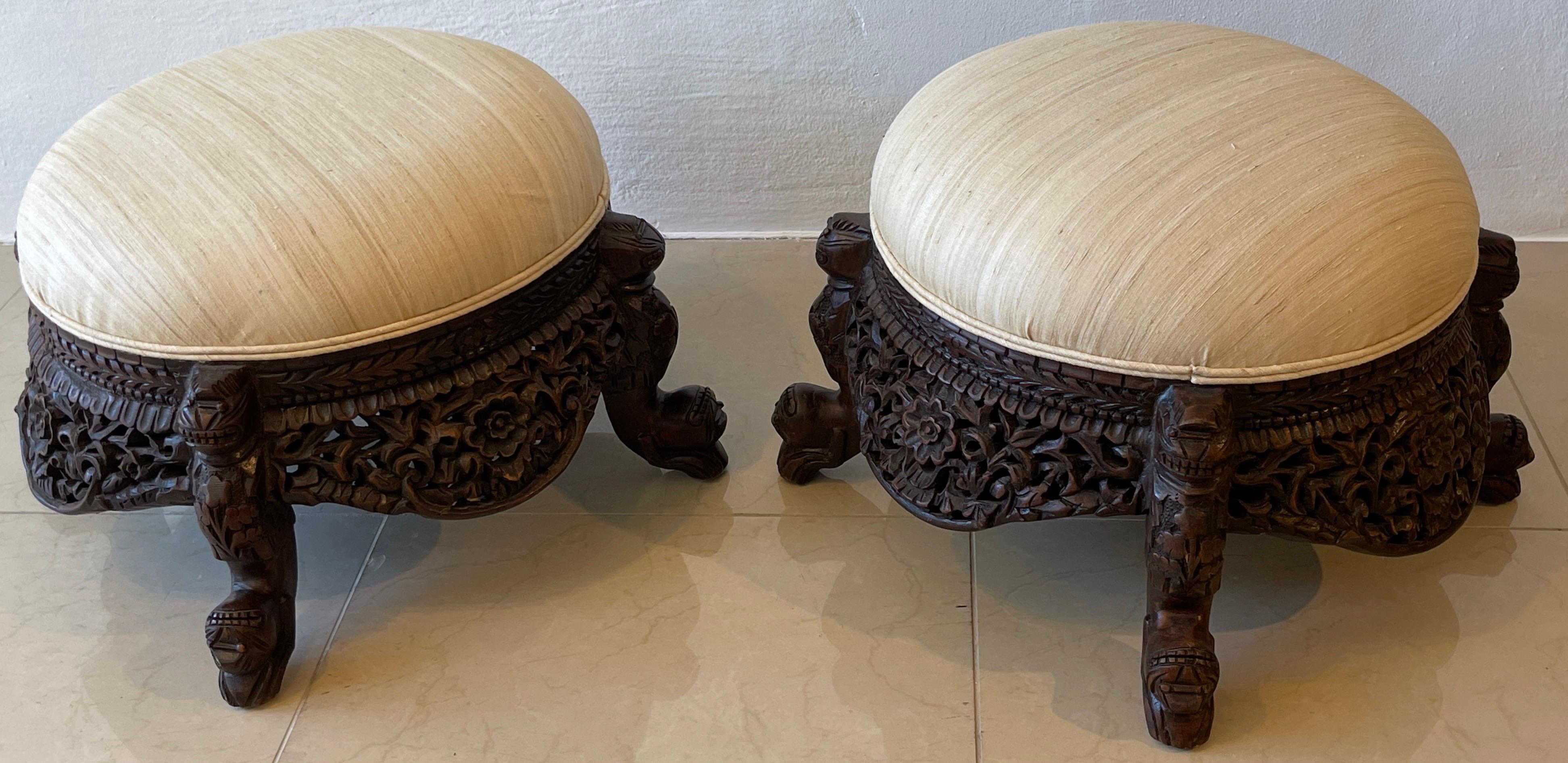 Pair of 19th Century Anglo-Indian Carved Footstools For Sale 6