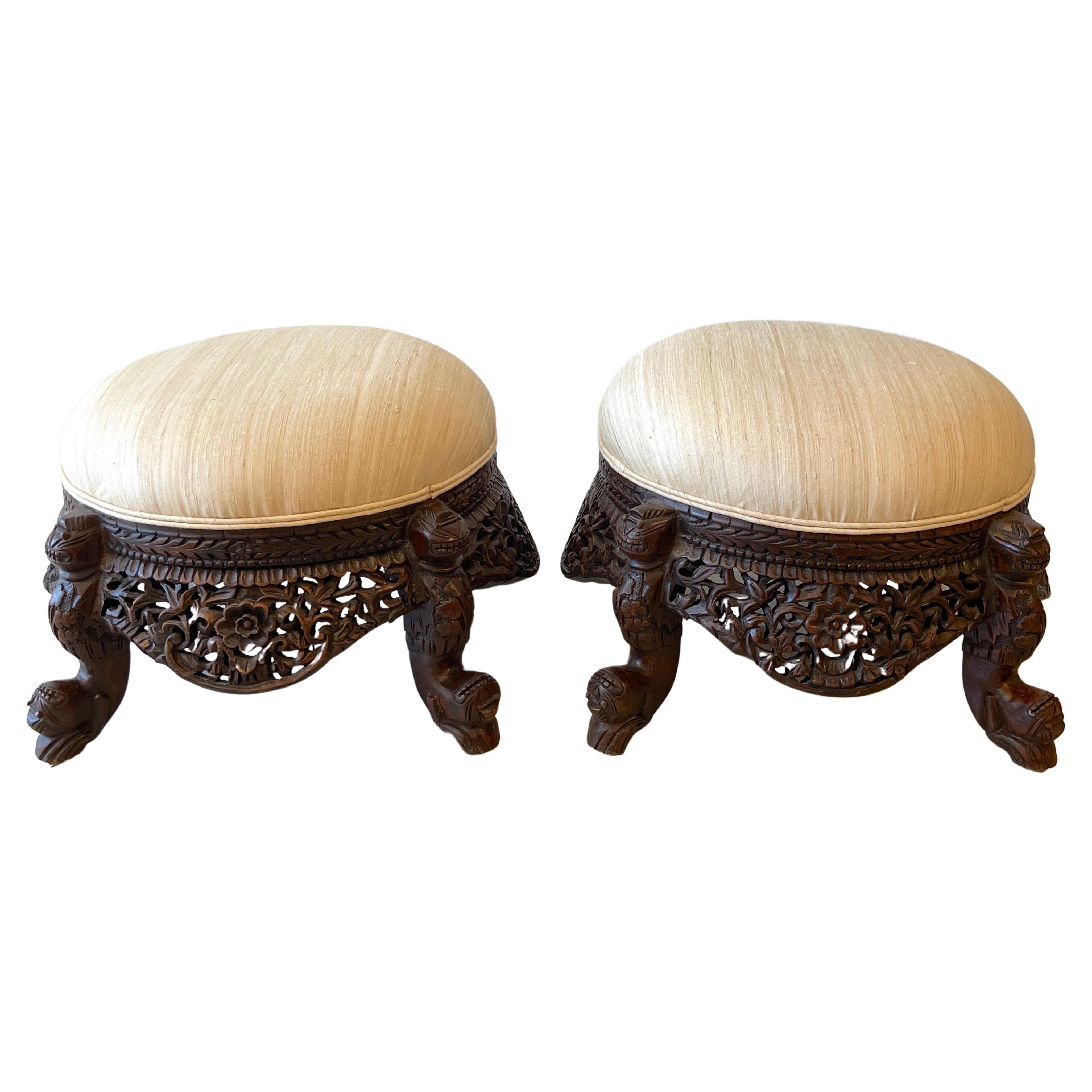 Pair of 19th Century Anglo-Indian Carved Footstools For Sale