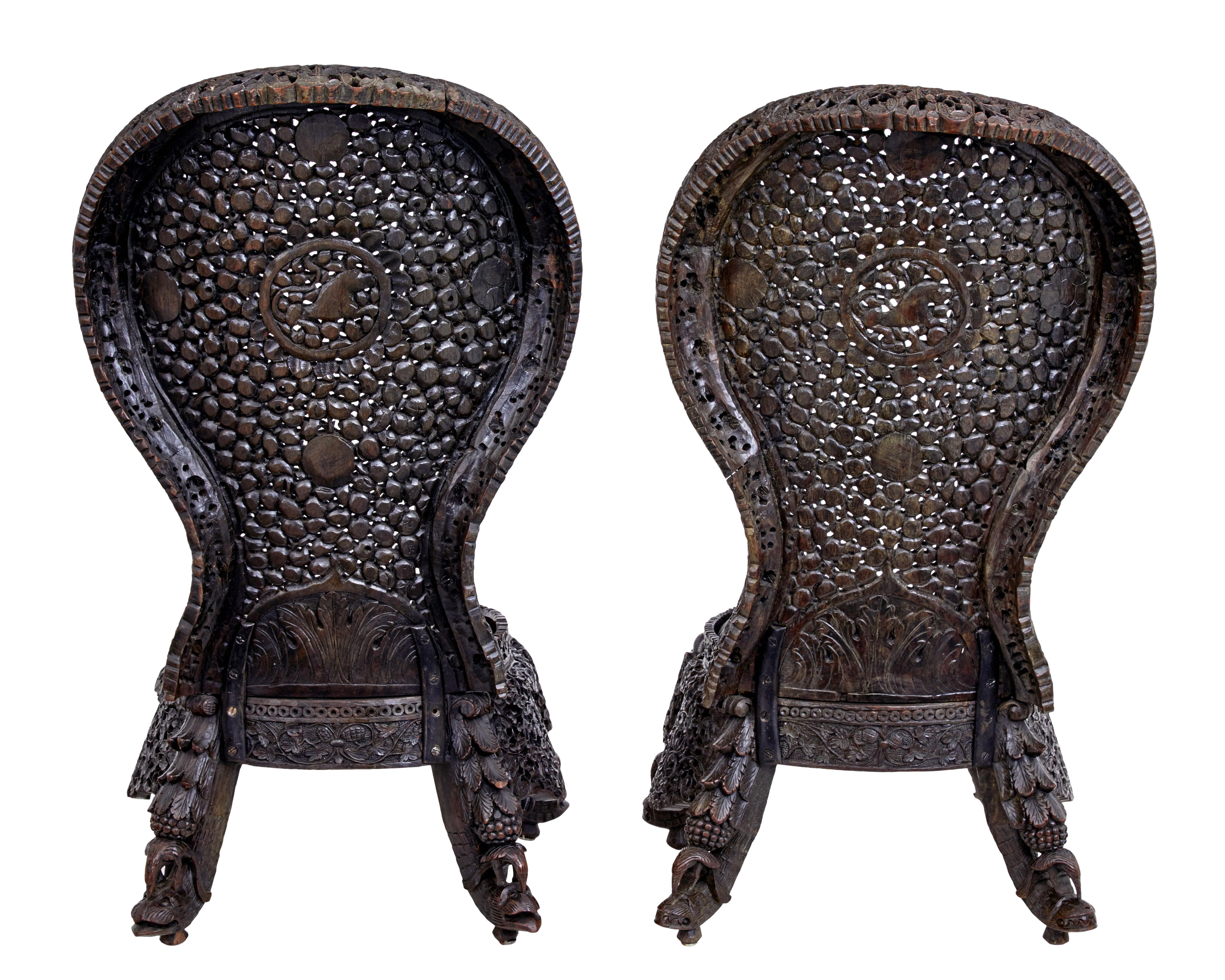 Hand-Carved Pair of 19th Century Anglo-Indian Carved Hardwood Chairs