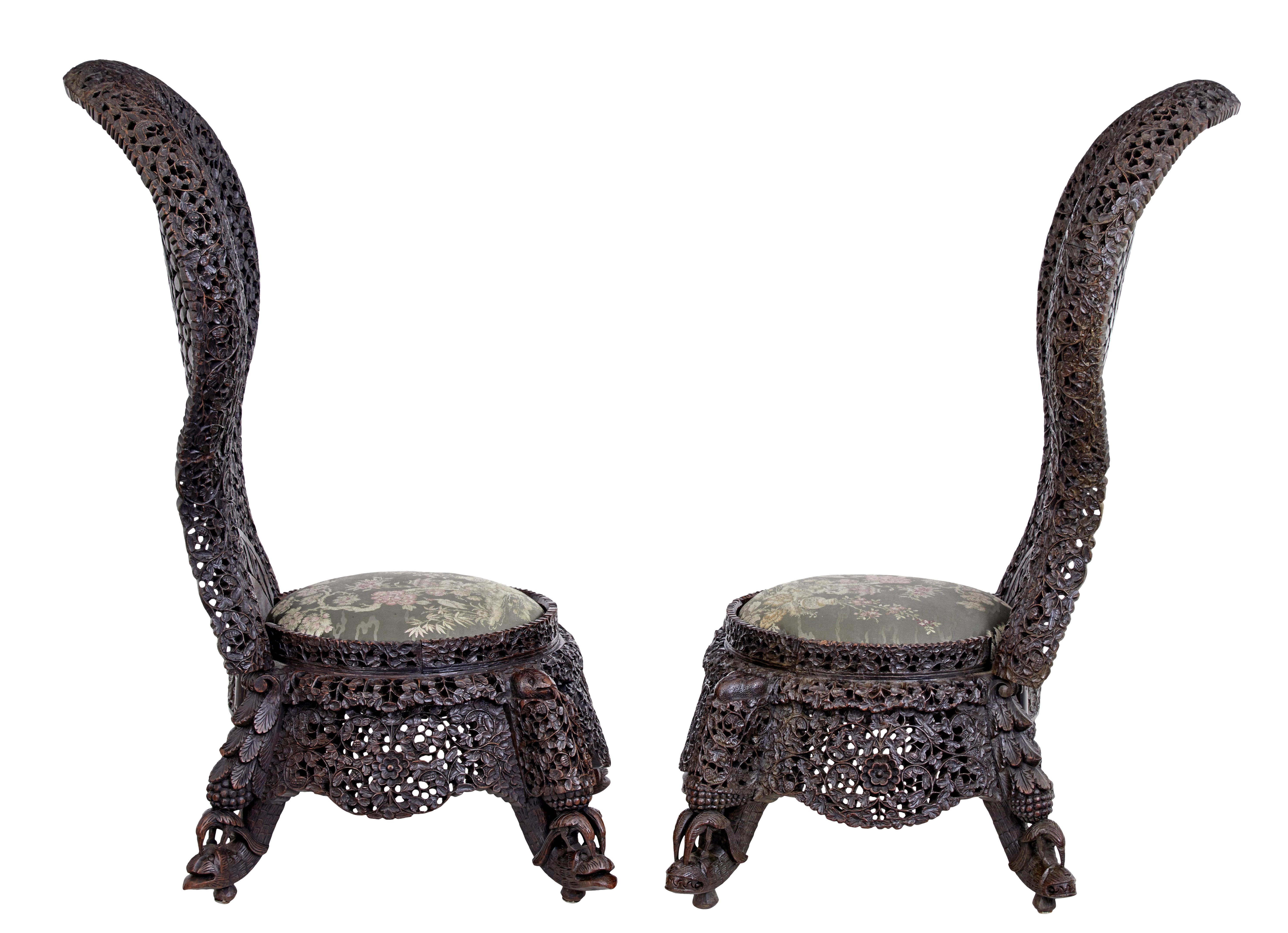 Pair of 19th Century Anglo-Indian Carved Hardwood Chairs In Good Condition In Debenham, Suffolk