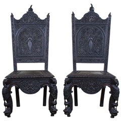 Pair of 19th Century Anglo-Indian Chairs Large Heavily Carved Elephants