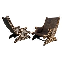 Pair of 19th Century Anglo Indian Rosewood and Bone Inlay Lounge Armchairs
