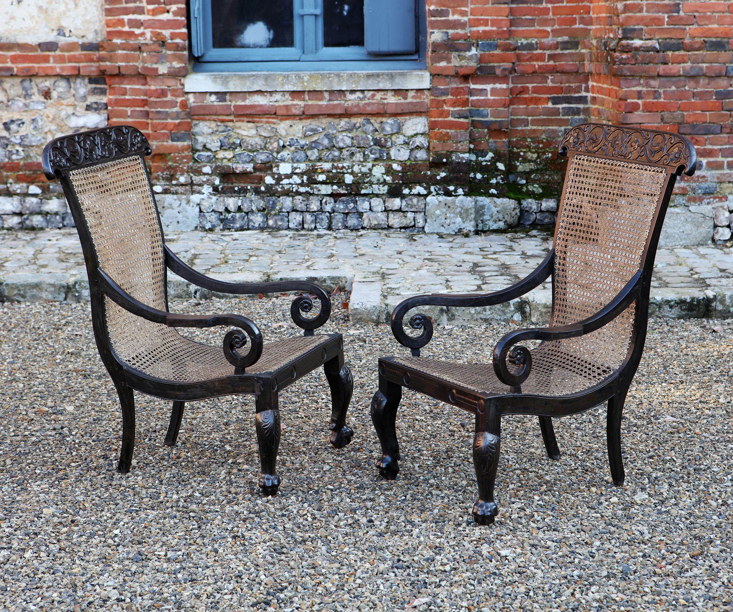 Pair of 19th Century Anglo-Indian Solid Ebony Caned Armchairs 1