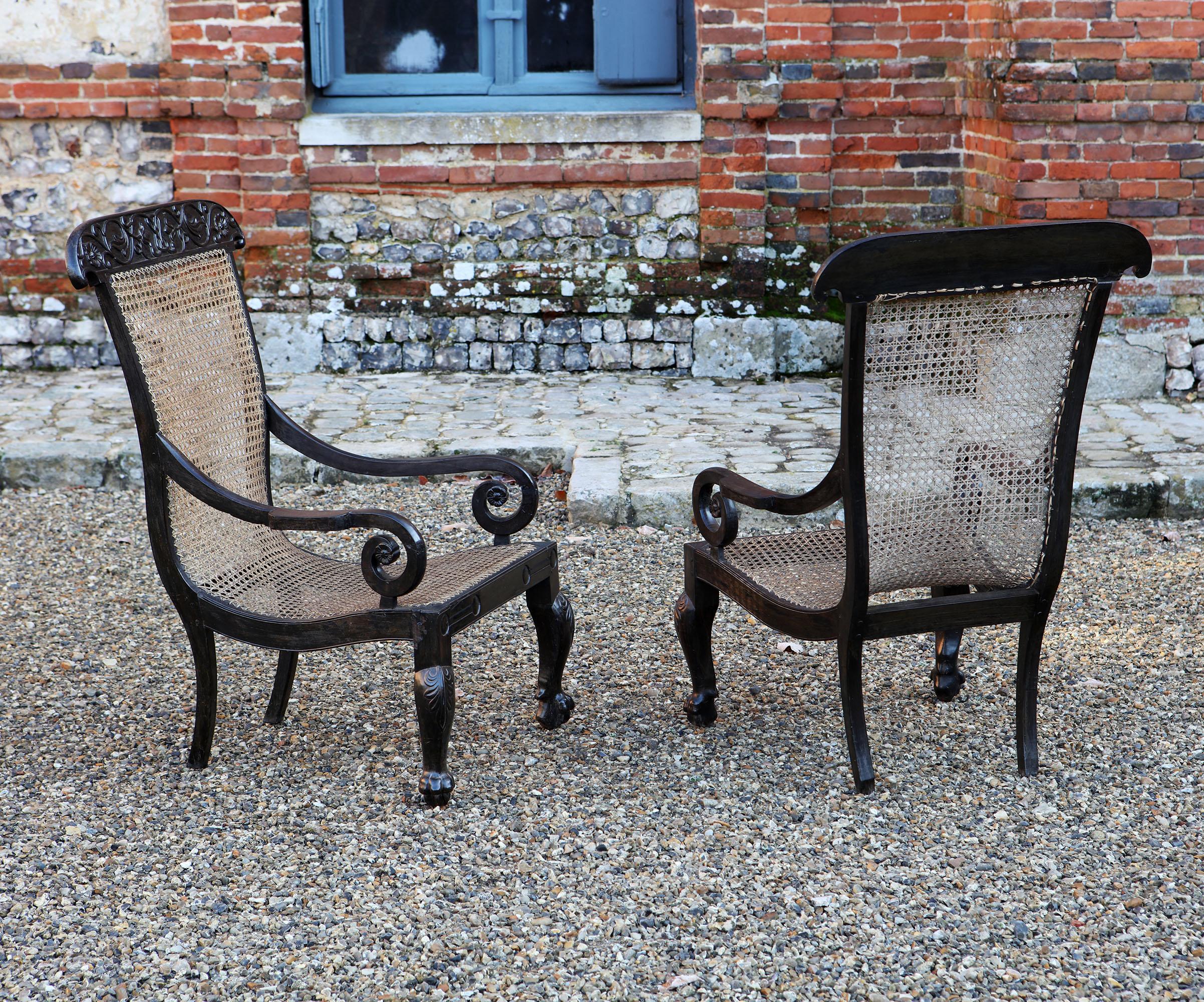 Pair of 19th Century Anglo-Indian Solid Ebony Caned Armchairs 2