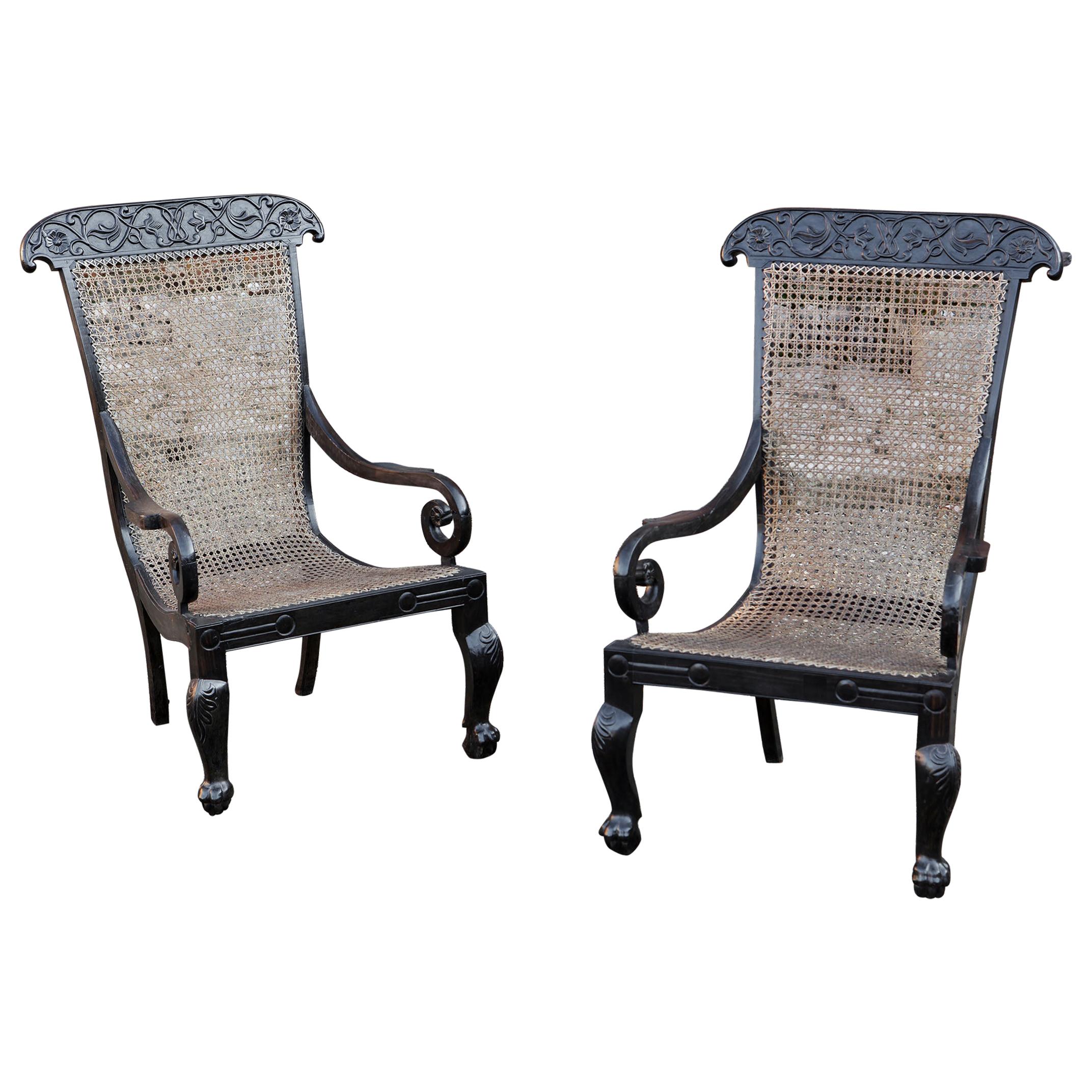 Pair of 19th Century Anglo-Indian Solid Ebony Caned Armchairs