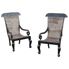 Pair of 19th Century Anglo-Indian Solid Ebony Caned Armchairs