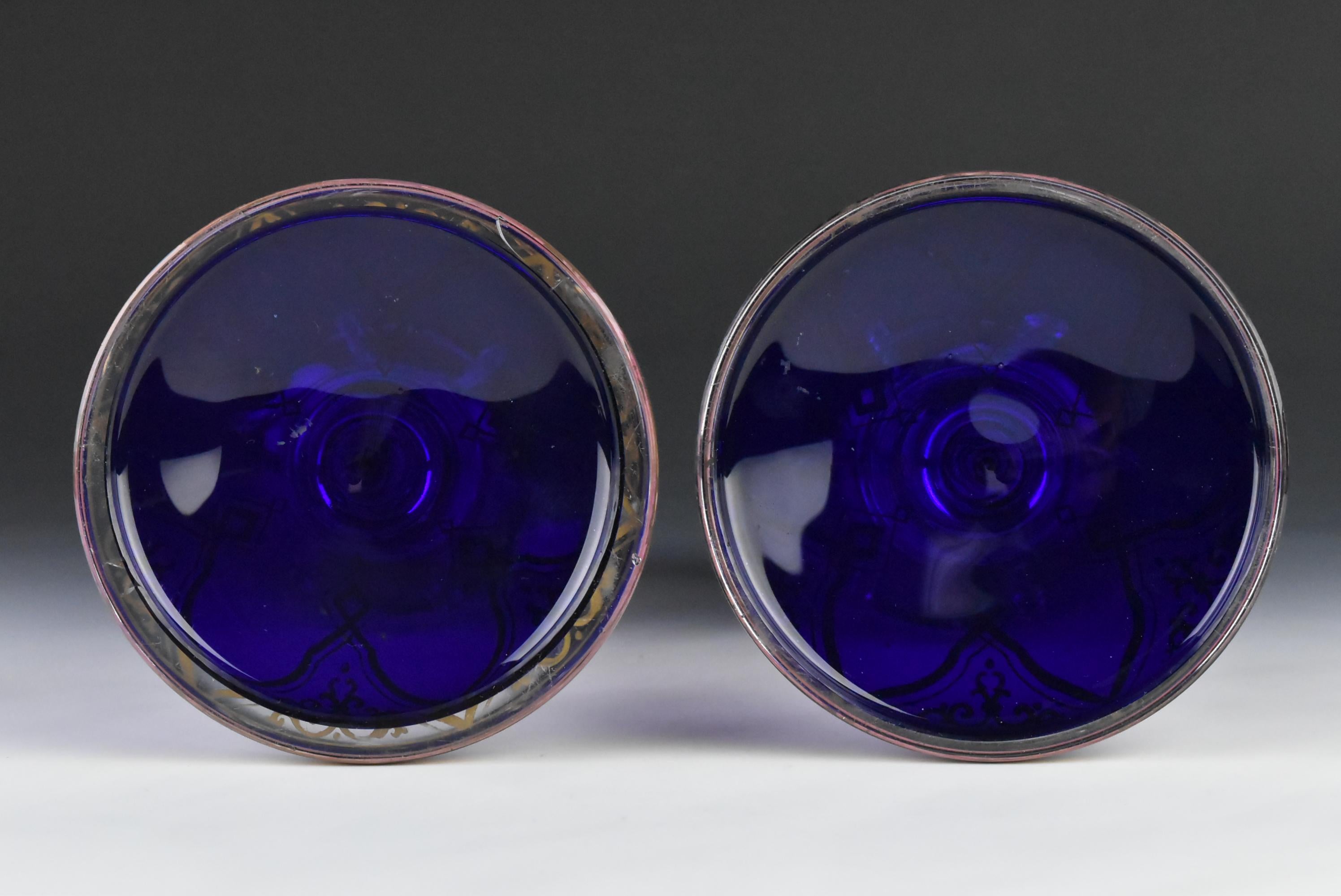 European Pair of 19th Century Antique Blown Cobalt Art Glass Ribbon Twist Stem Goblets