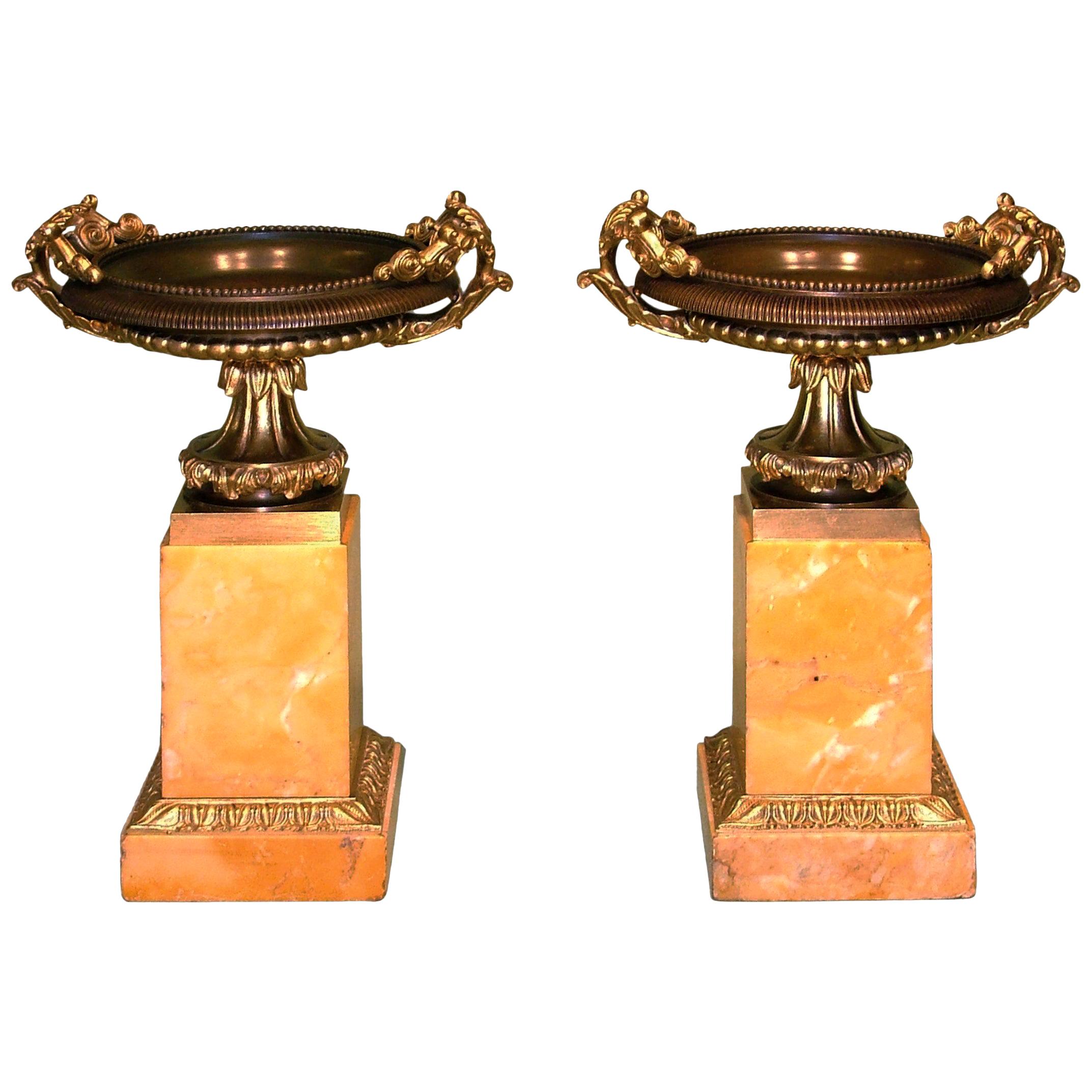 Pair of 19th Century Antique Bronze and Ormolu, Sienna Marble Tazzas