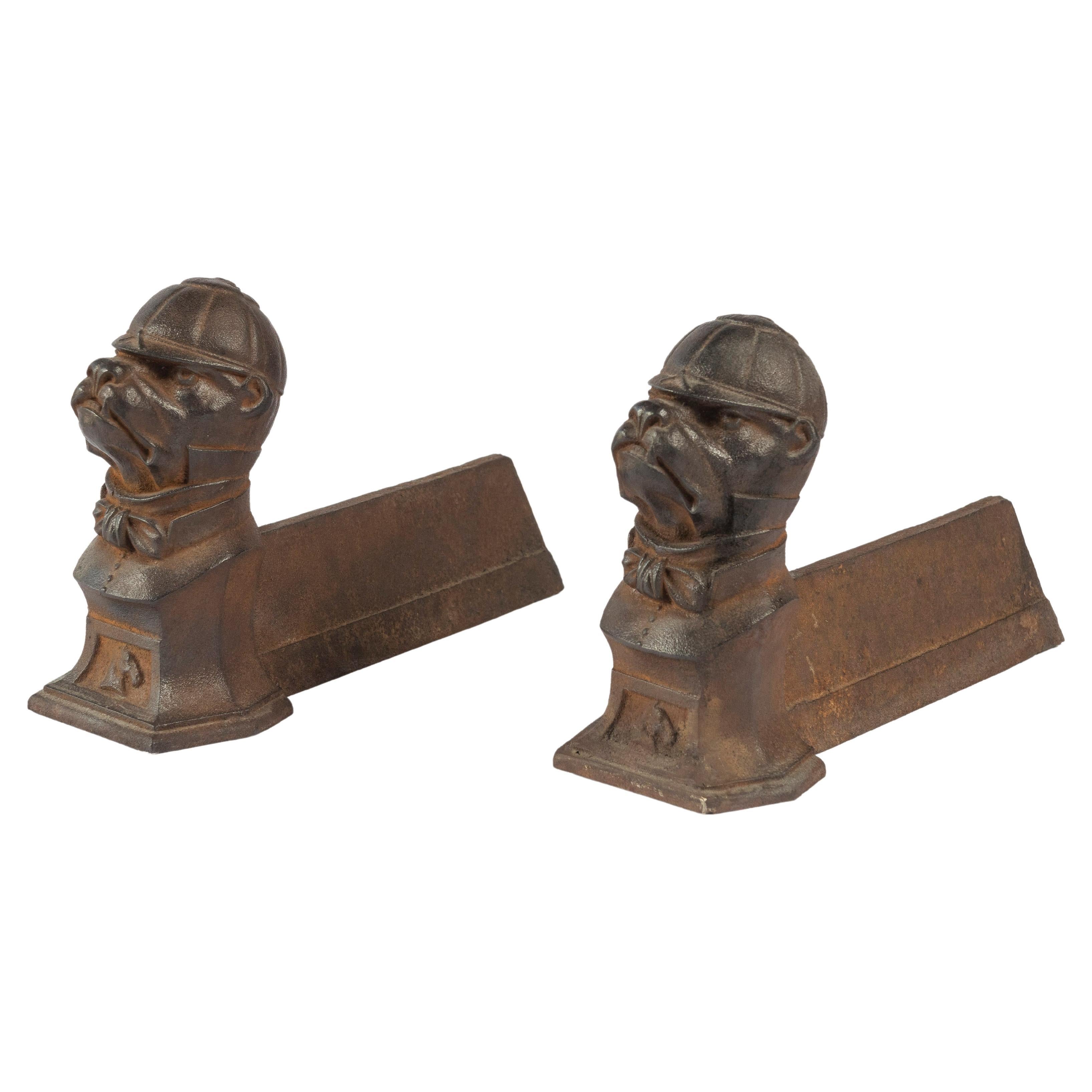 Pair of 19th Century Antique Cast Iron Dog Andirons