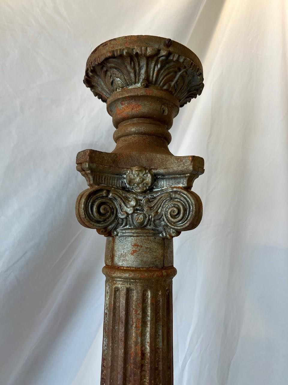 American Pair of 19th Century Antique Cast Iron Lamp Posts Fluted with a Capital Top For Sale