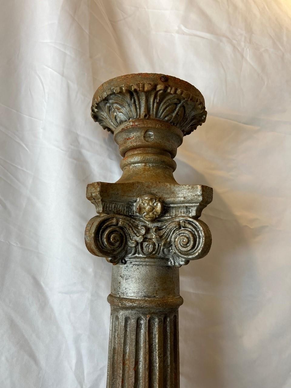 Pair of 19th Century Antique Cast Iron Lamp Posts Fluted with a Capital Top In Good Condition For Sale In Stamford, CT