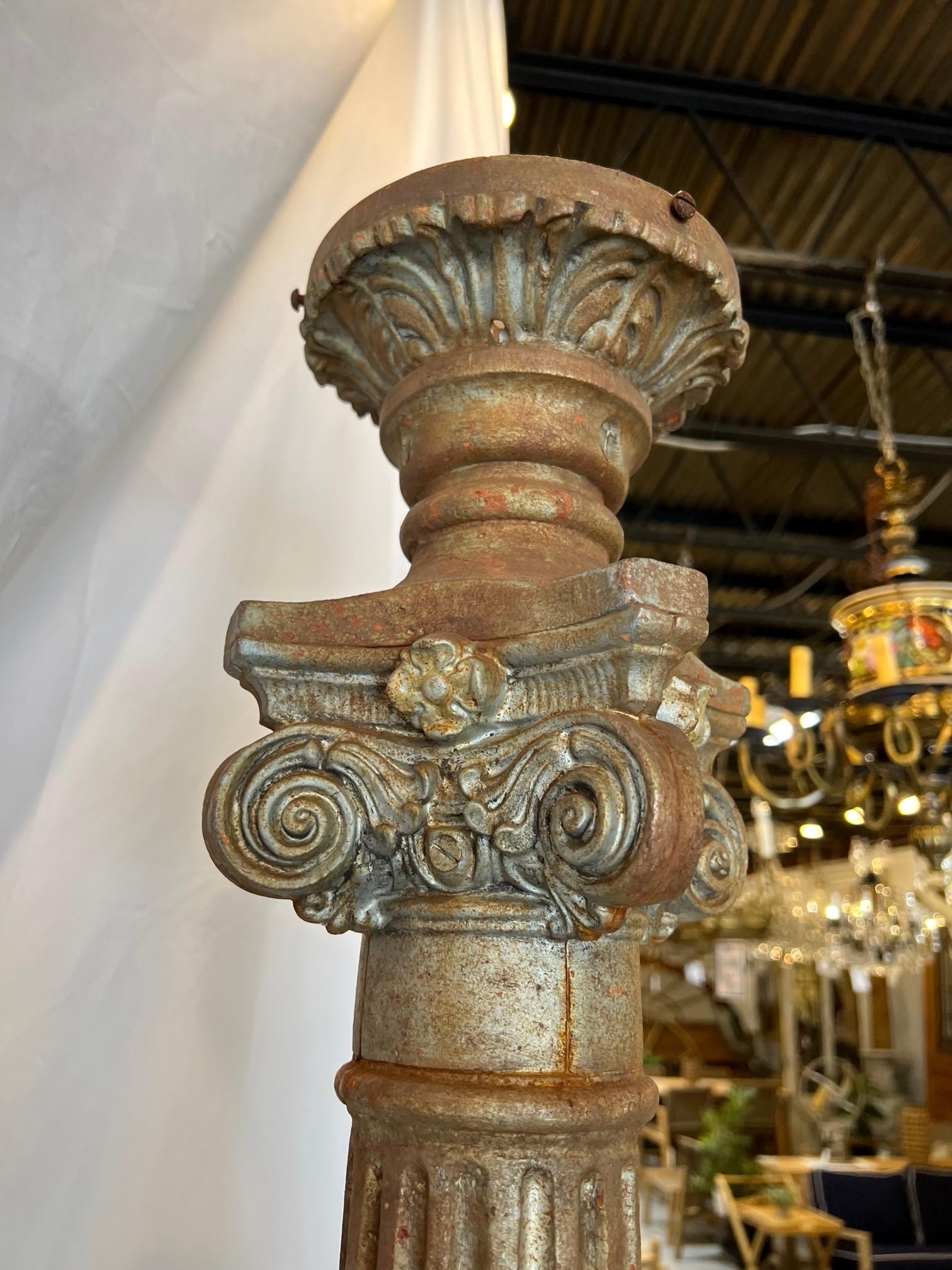 Pair of 19th Century Antique Cast Iron Lamp Posts Fluted with a Capital Top For Sale 2