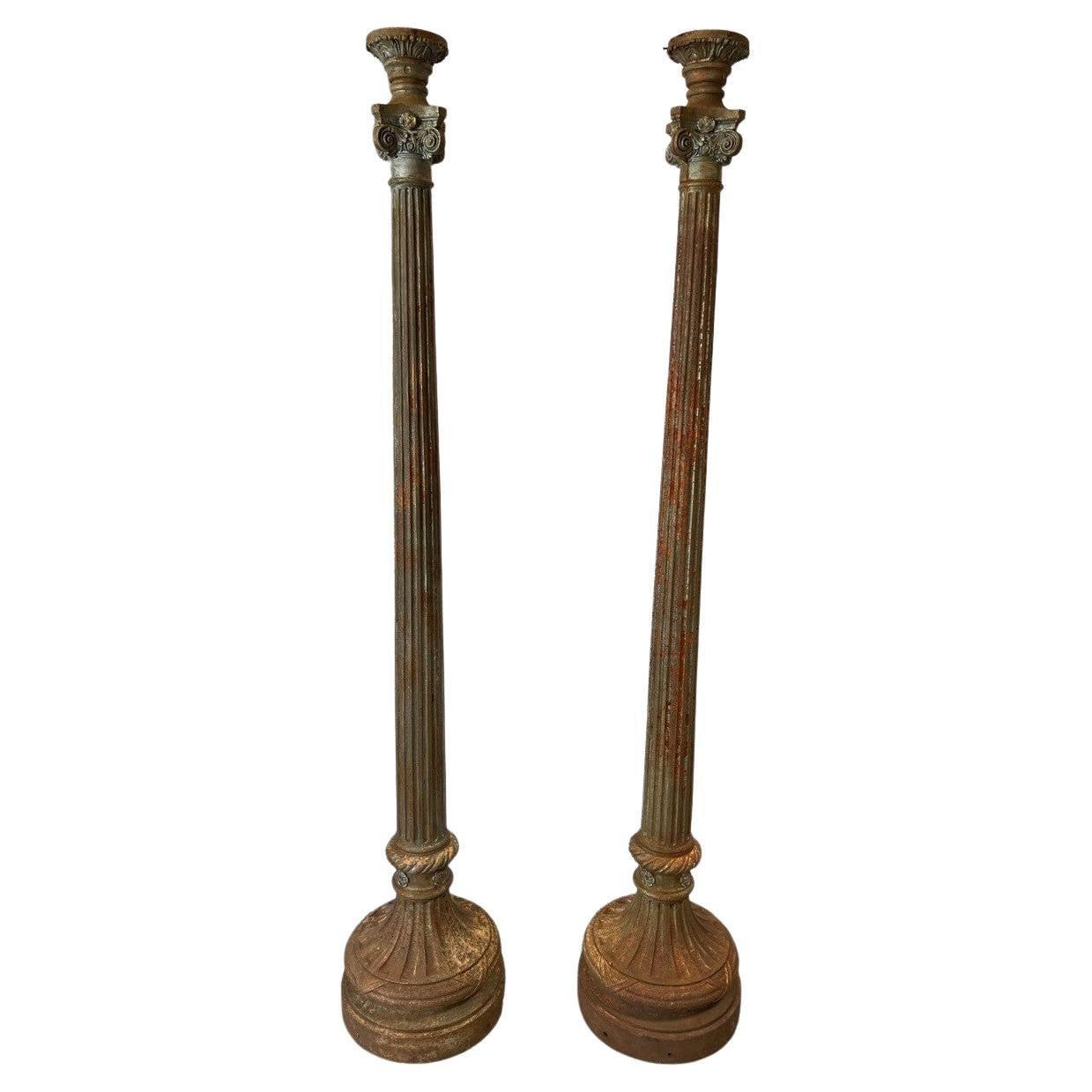 Pair of 19th Century Antique Cast Iron Lamp Posts Fluted with a Capital Top