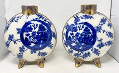 Pair of 19th Century Antique Chinese Blue & White Porcelain with Gold Moon Vases