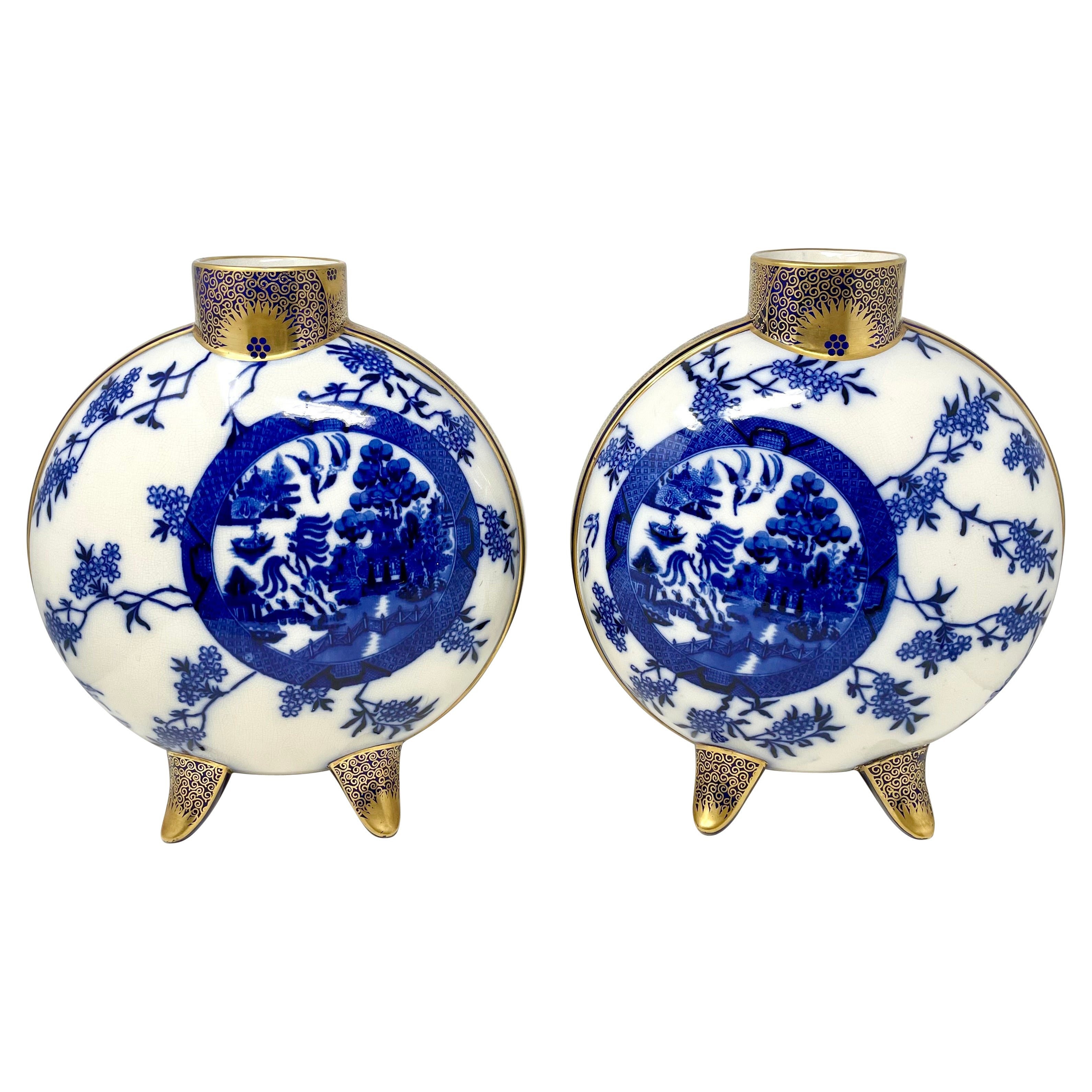 Pair of 19th Century Antique Chinese Blue & White Porcelain with Gold Moon Vases