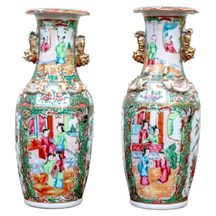 Pair Of 19th Century Antique Chinese Famille Rose Porcelain Vases