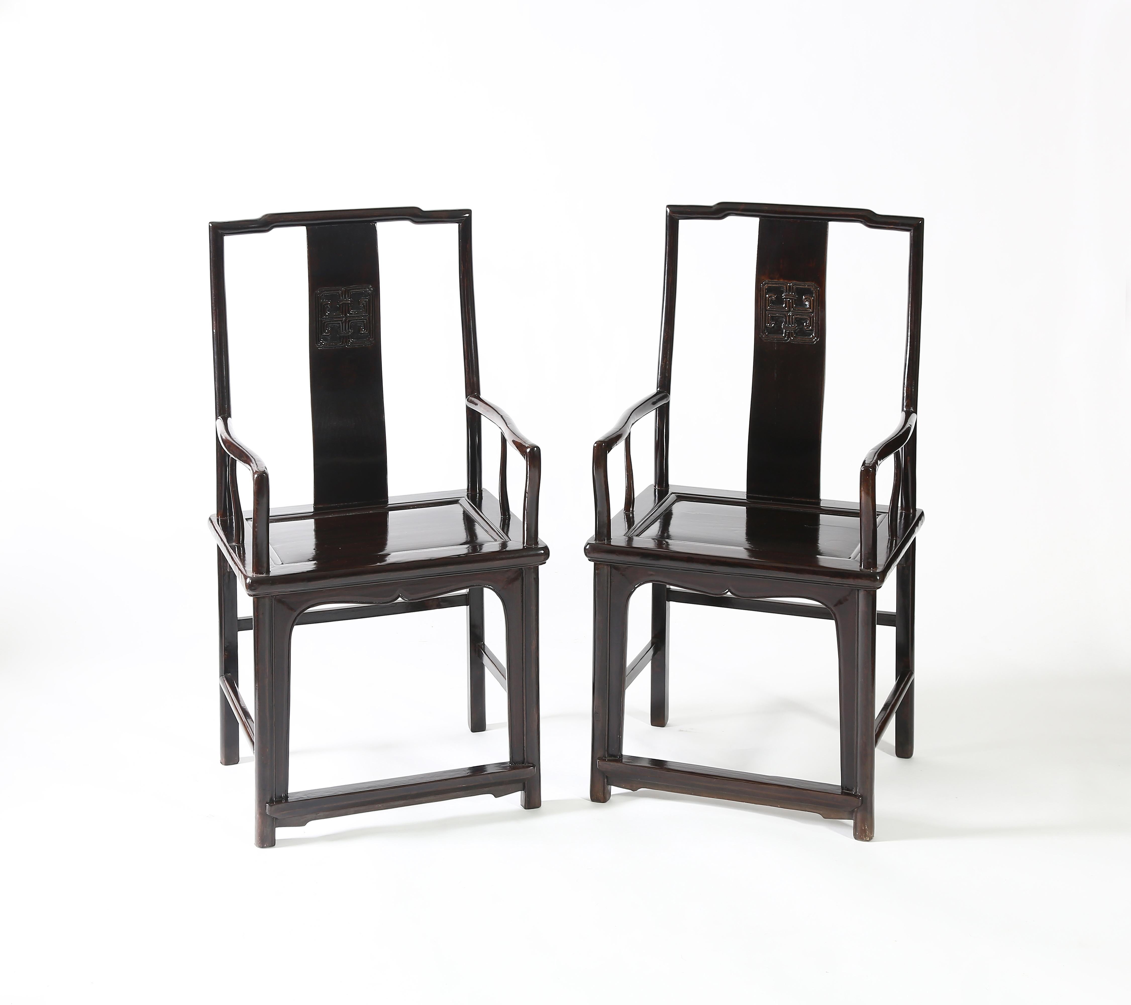 Pair of 19th Century Antique Chinese Rectangular Back Official's Hat Armchairs 5